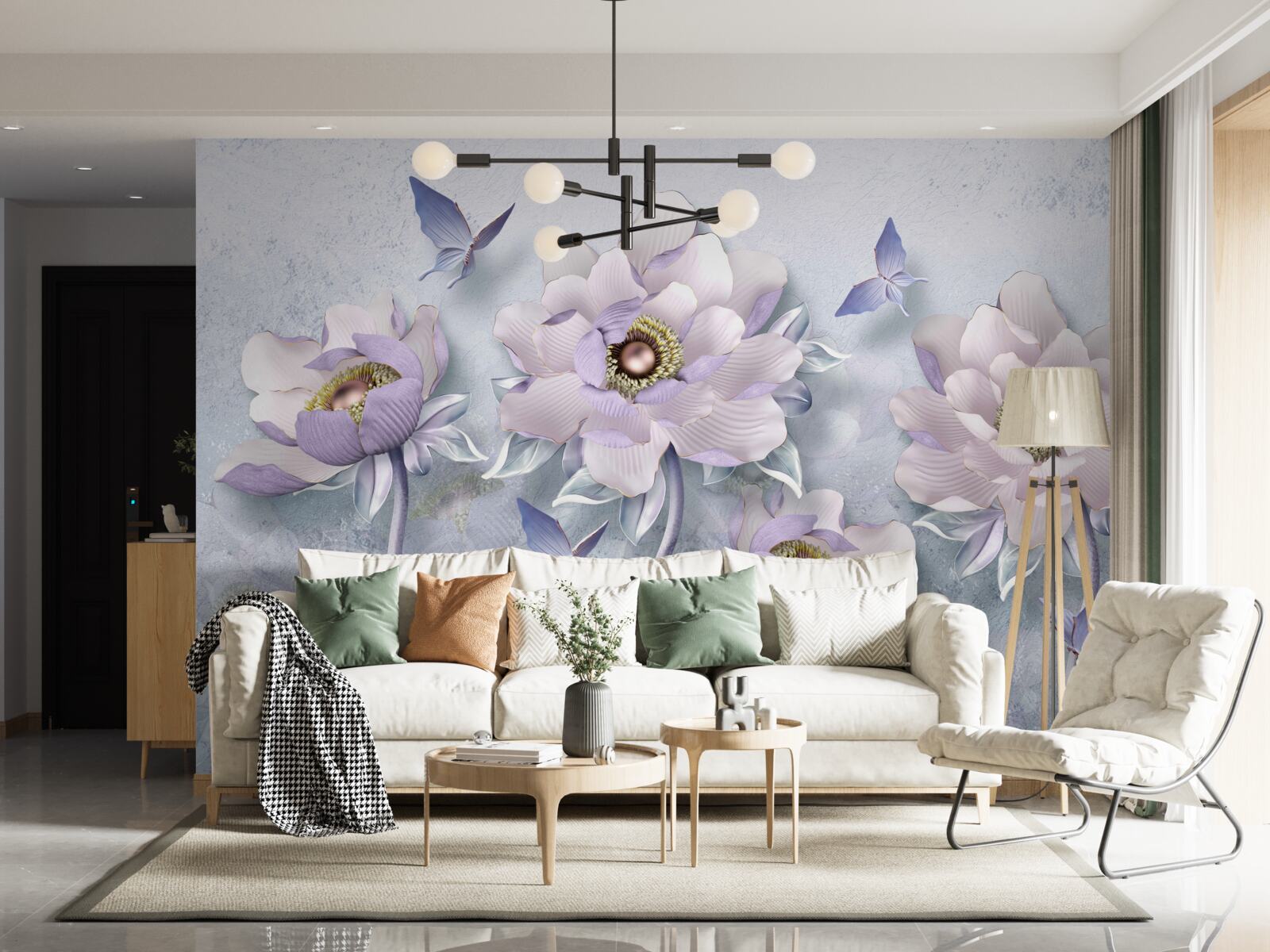 Papier peint des papillons violets et des fleurs d'une délicatesse exceptionnelle