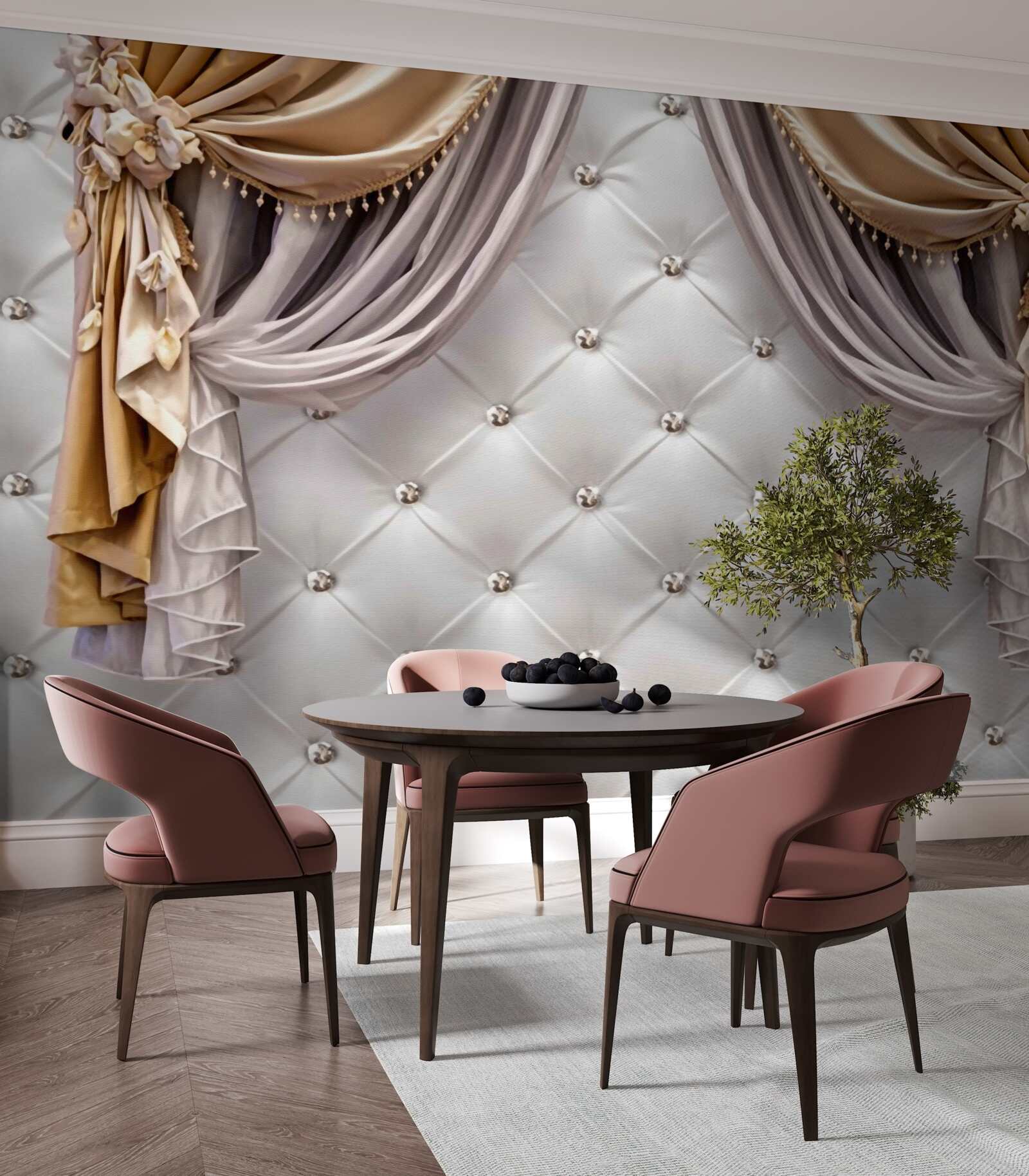 Papier peint mur et rideaux blancs matelassés