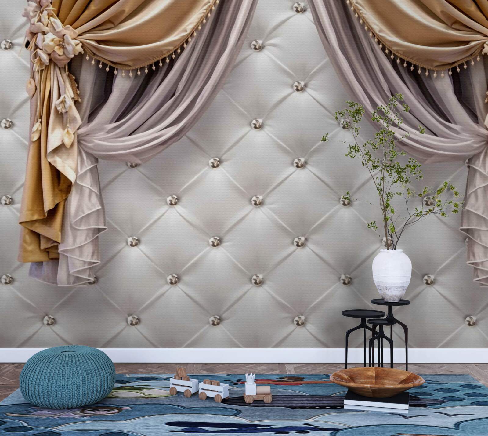 Papier peint mur et rideaux blancs matelassés