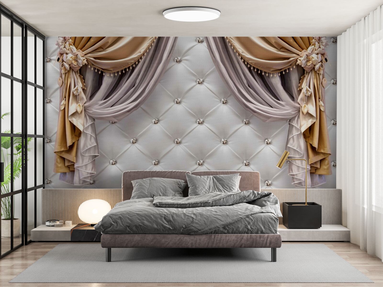 Papier peint mur et rideaux blancs matelassés