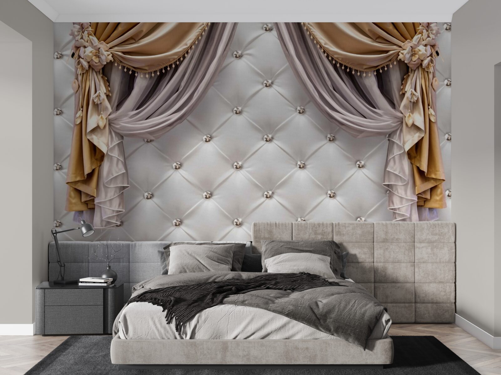 Papier peint mur et rideaux blancs matelassés