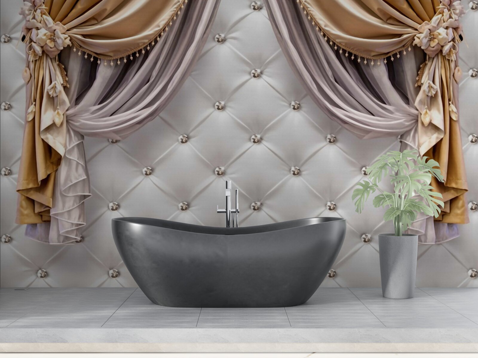 Papier peint mur et rideaux blancs matelassés