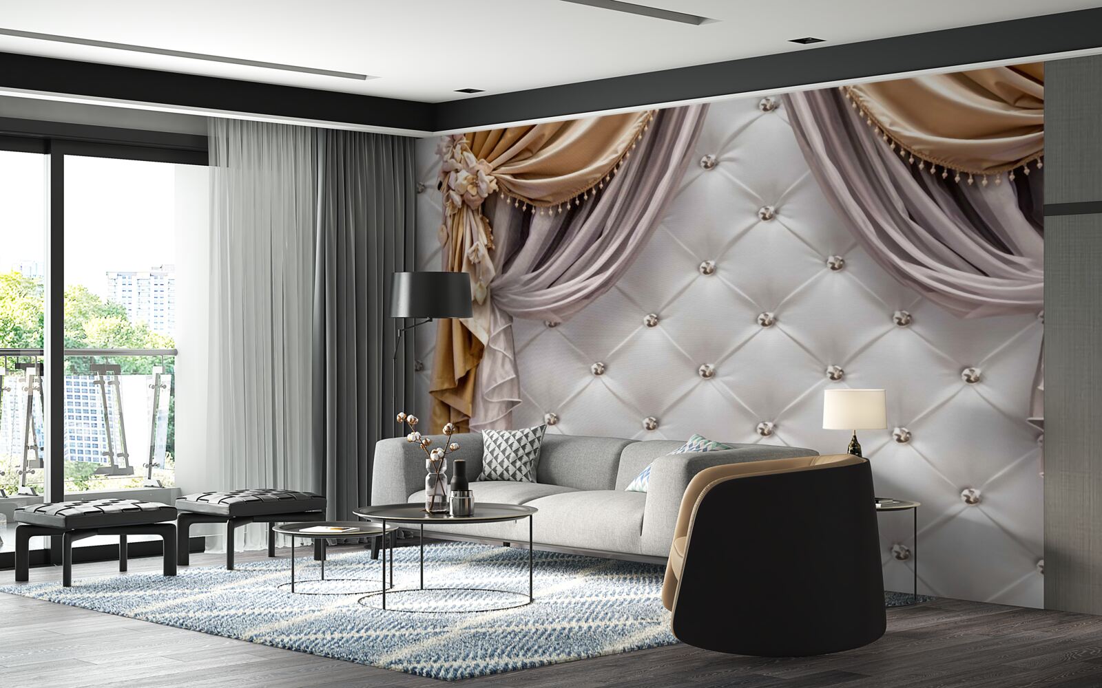 Papier peint mur et rideaux blancs matelassés