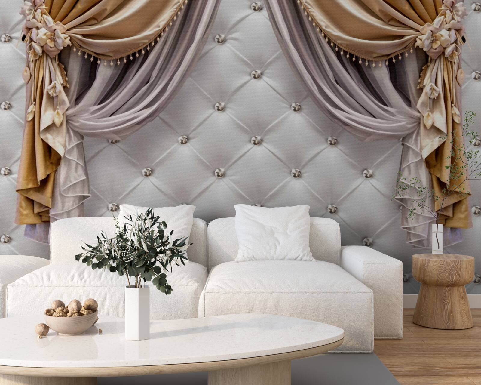 Papier peint mur et rideaux blancs matelassés