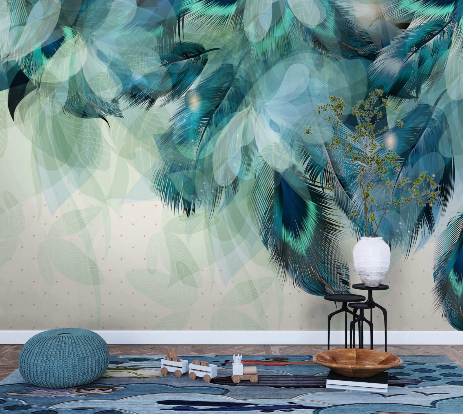 Papier peint plumes de paon dans une nuance de turquoise