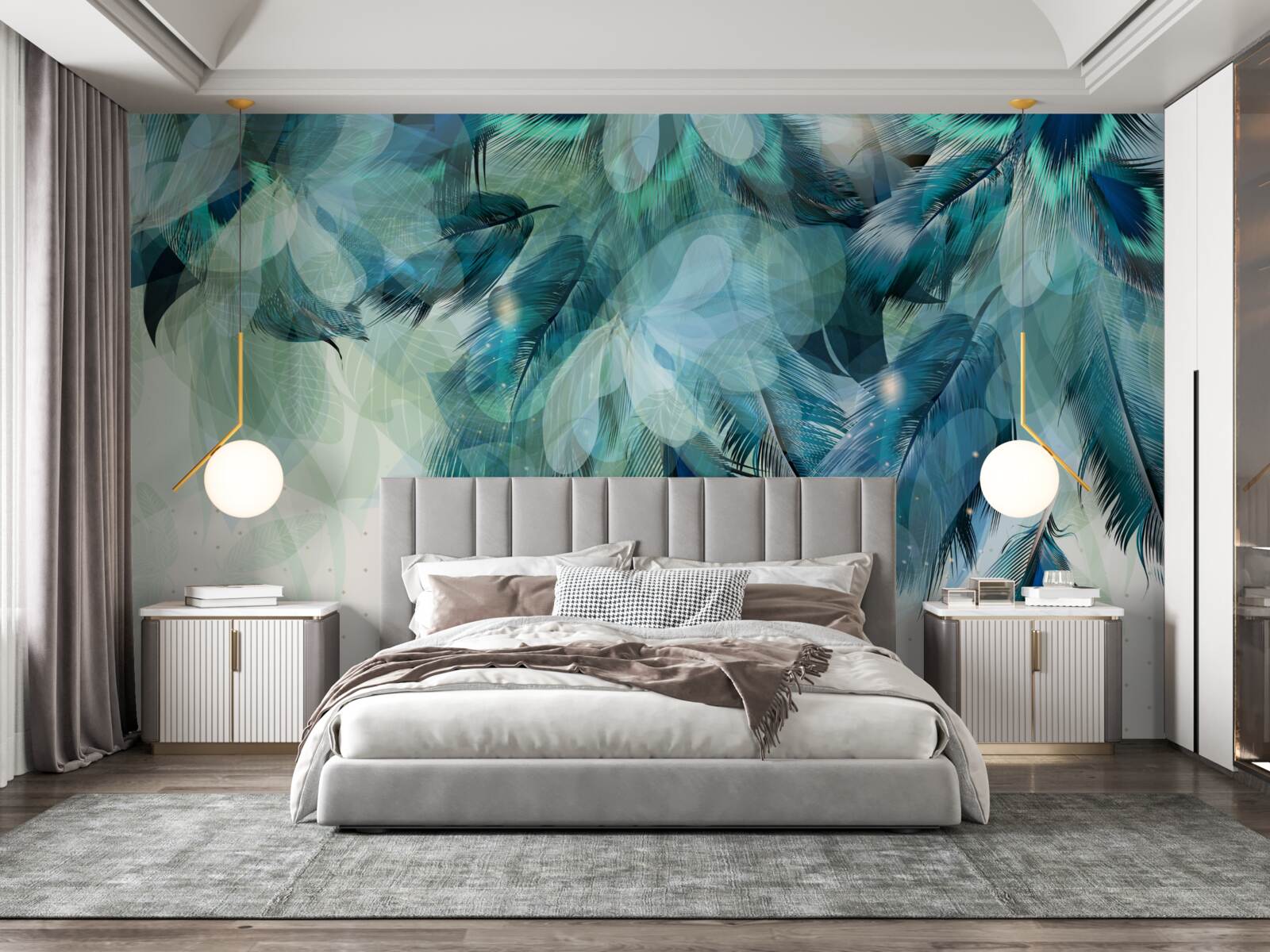 Papier peint plumes de paon dans une nuance de turquoise