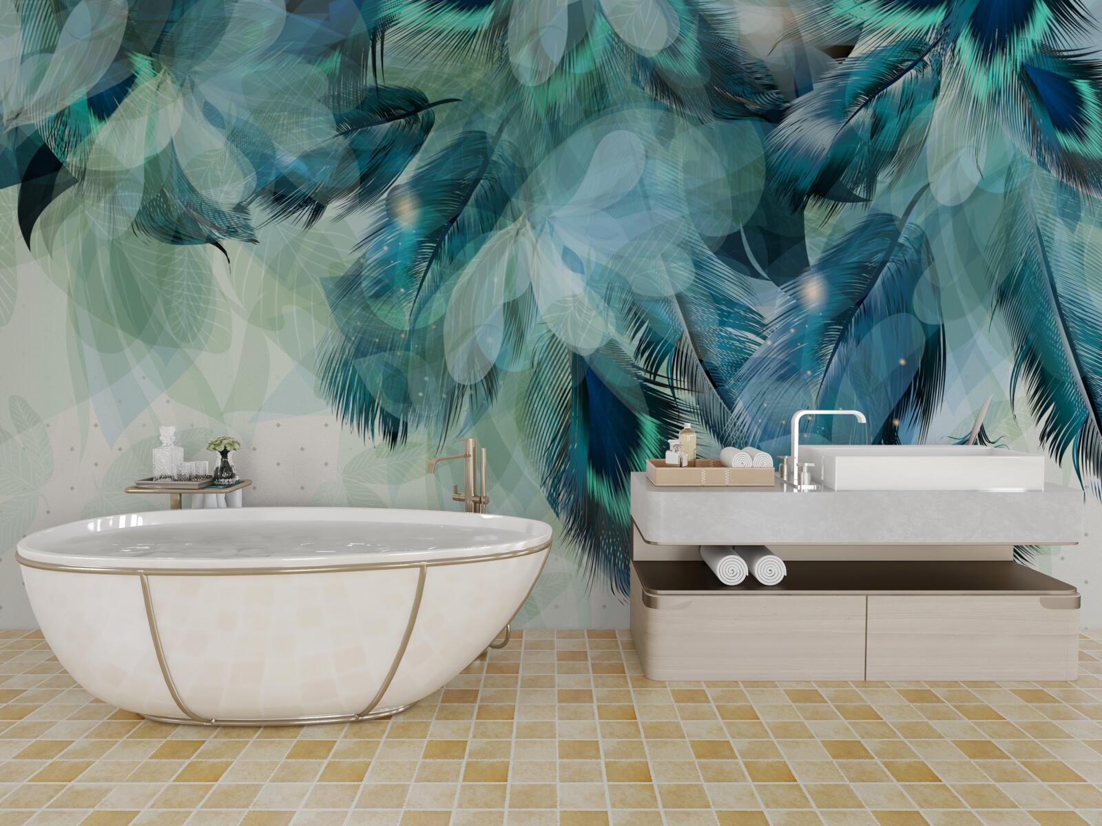 Papier peint plumes de paon dans une nuance de turquoise