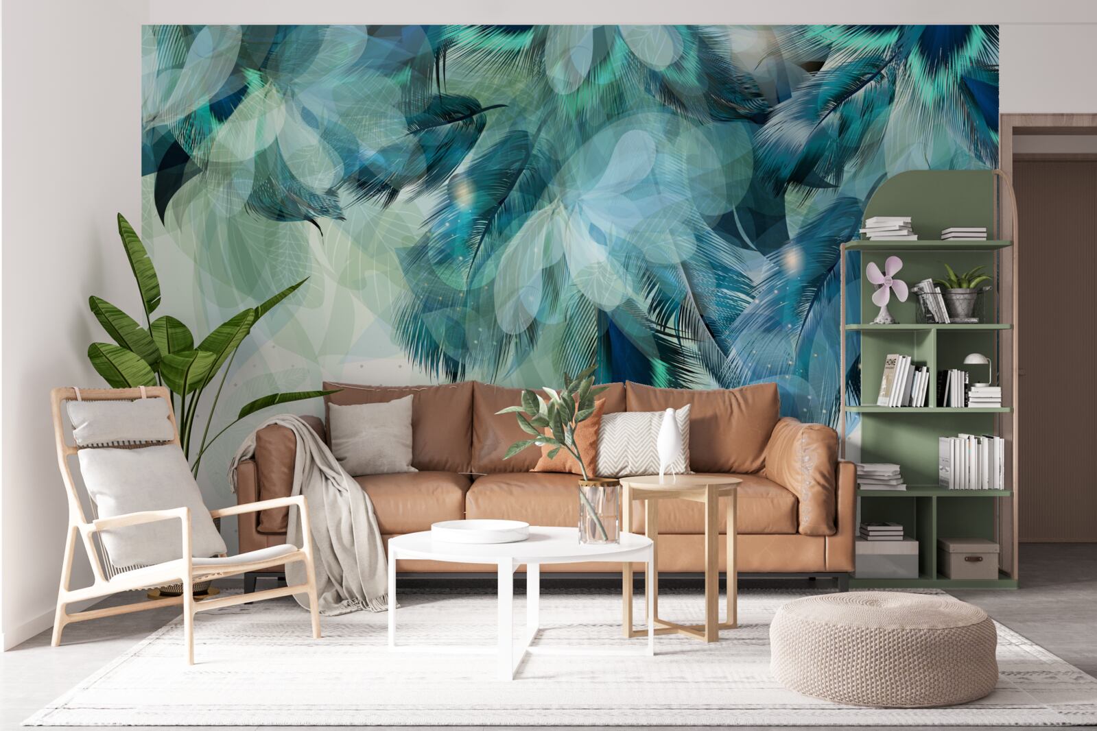 Papier peint plumes de paon dans une nuance de turquoise