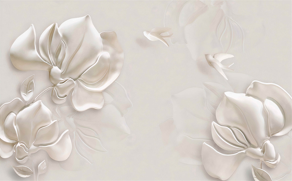 Papier peint oiseaux et fleurs en tissu blanc