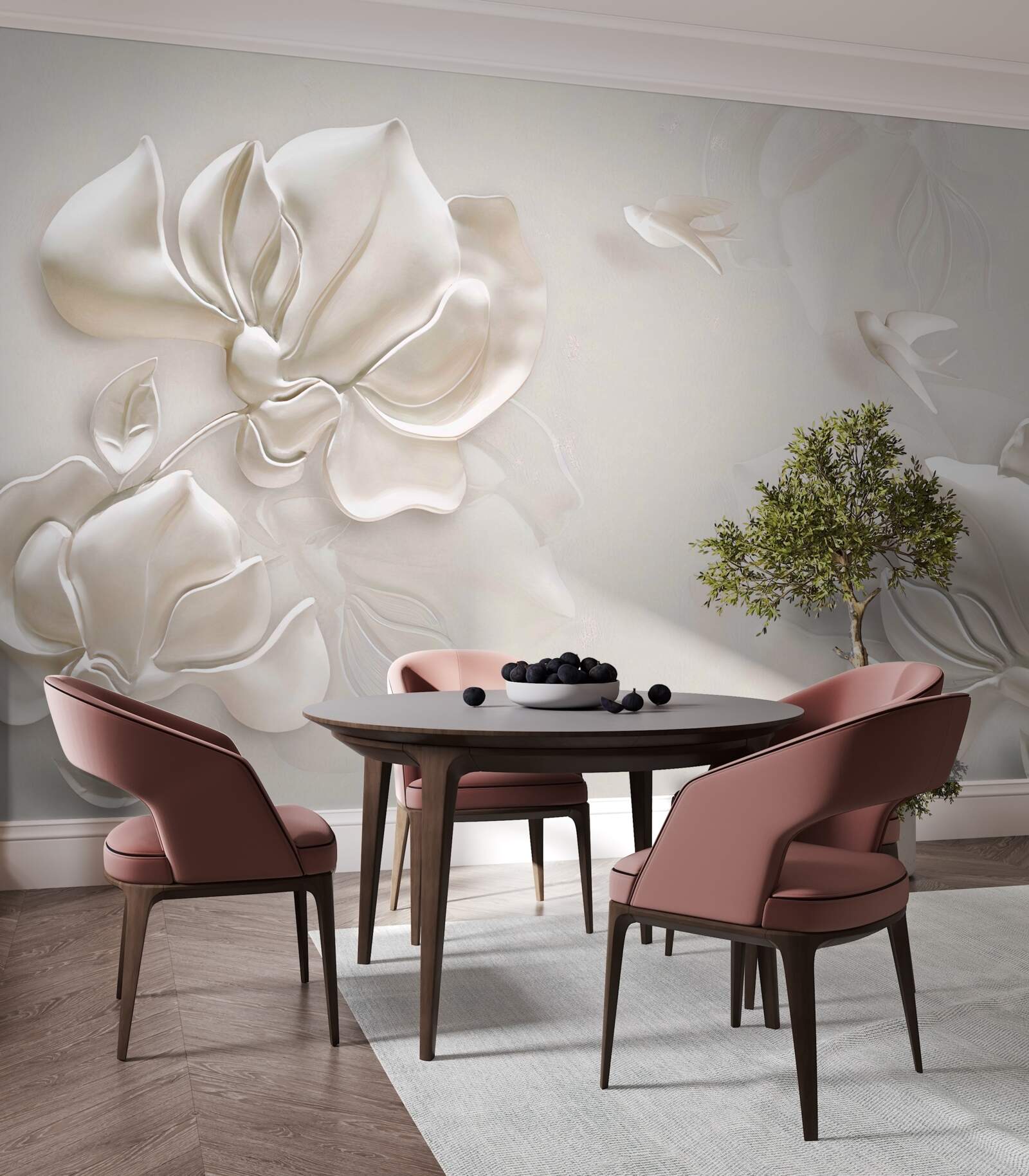 Papier peint oiseaux et fleurs en tissu blanc