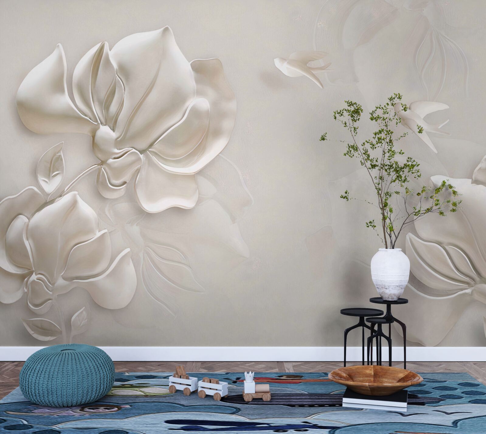 Papier peint oiseaux et fleurs en tissu blanc