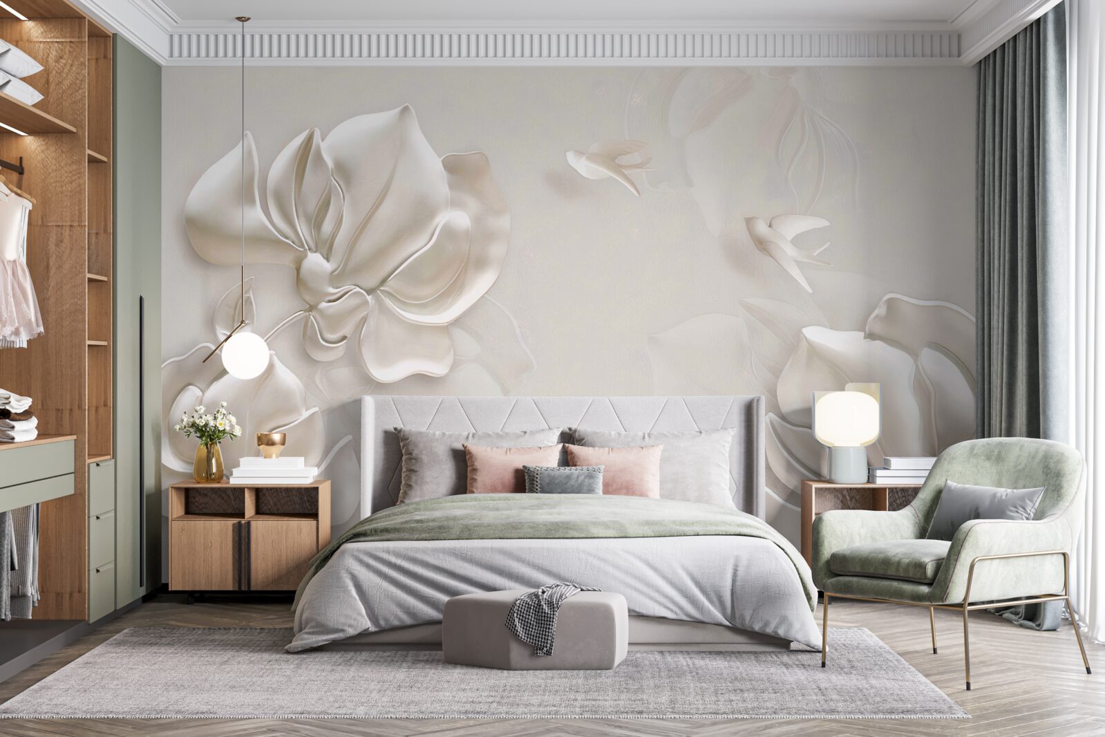 Papier peint oiseaux et fleurs en tissu blanc