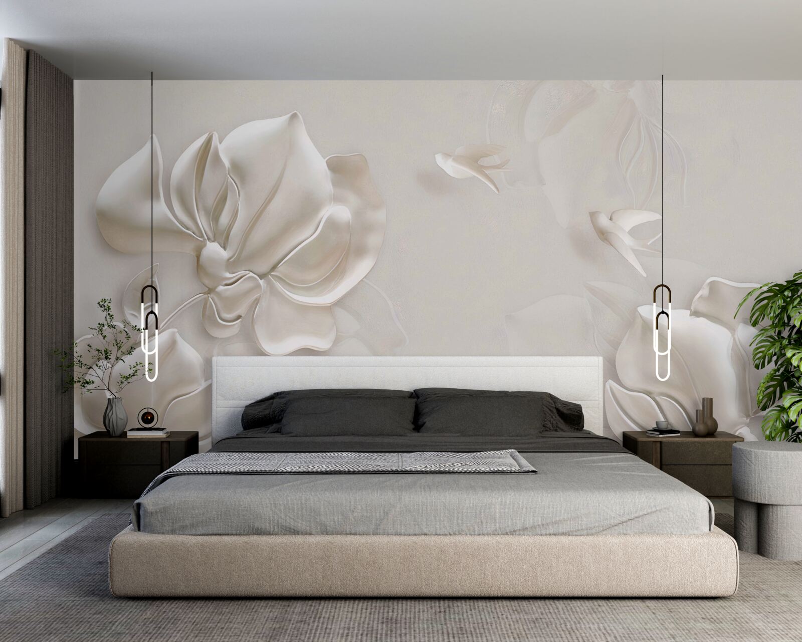 Papier peint oiseaux et fleurs en tissu blanc