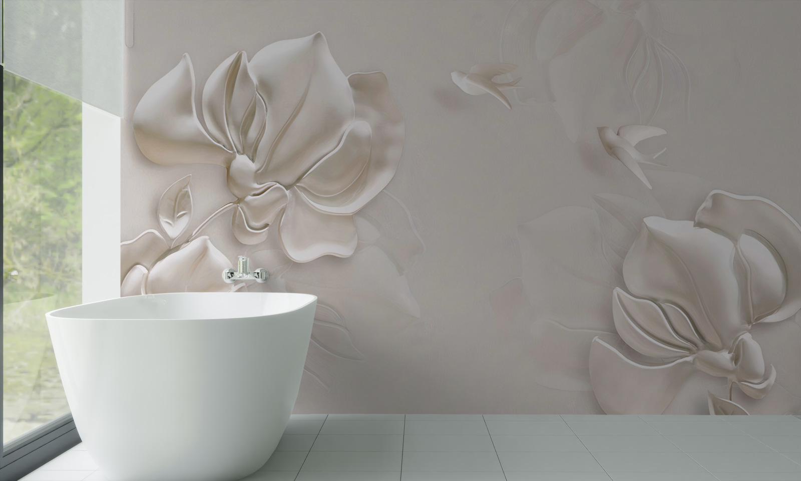 Papier peint oiseaux et fleurs en tissu blanc