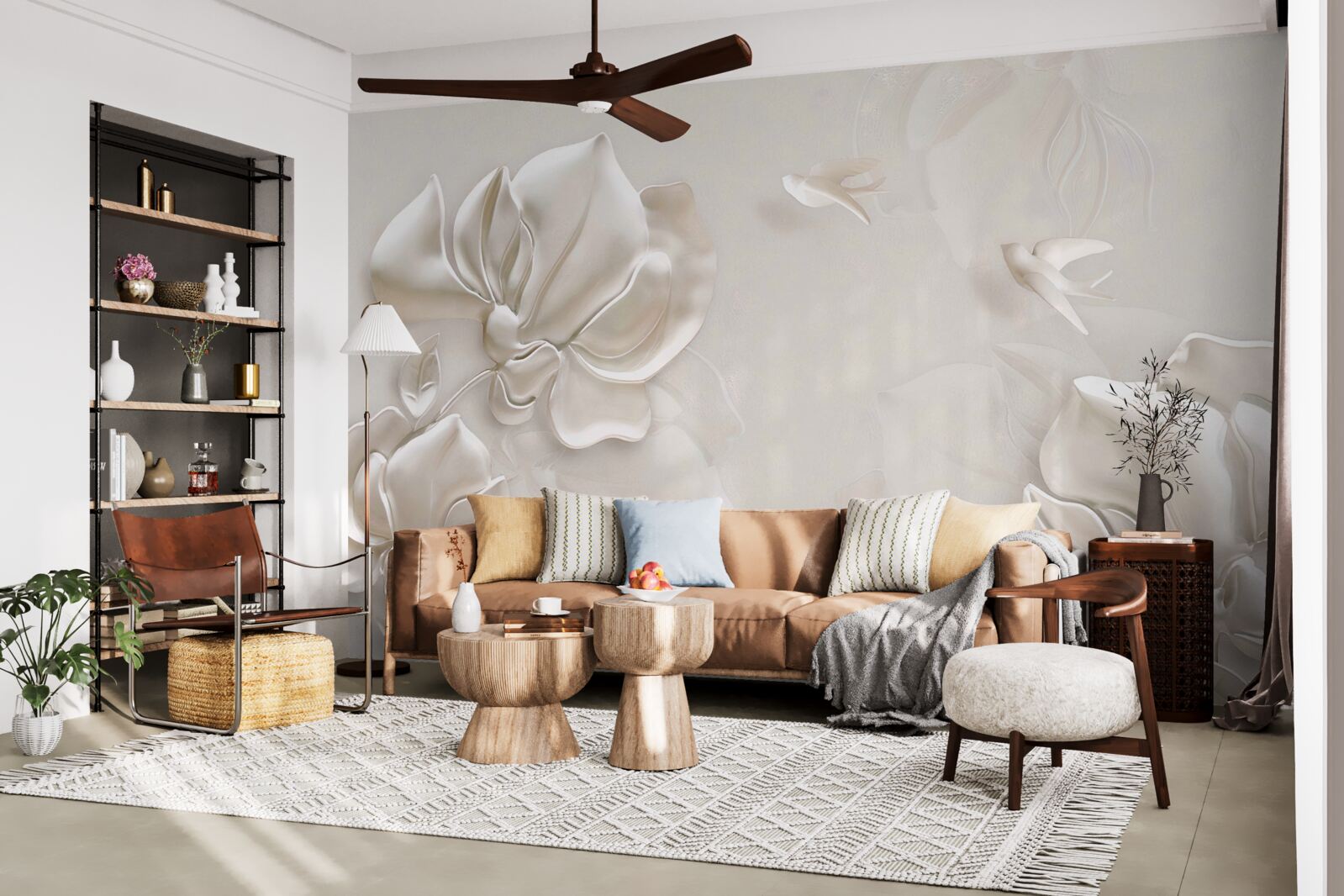 Papier peint oiseaux et fleurs en tissu blanc