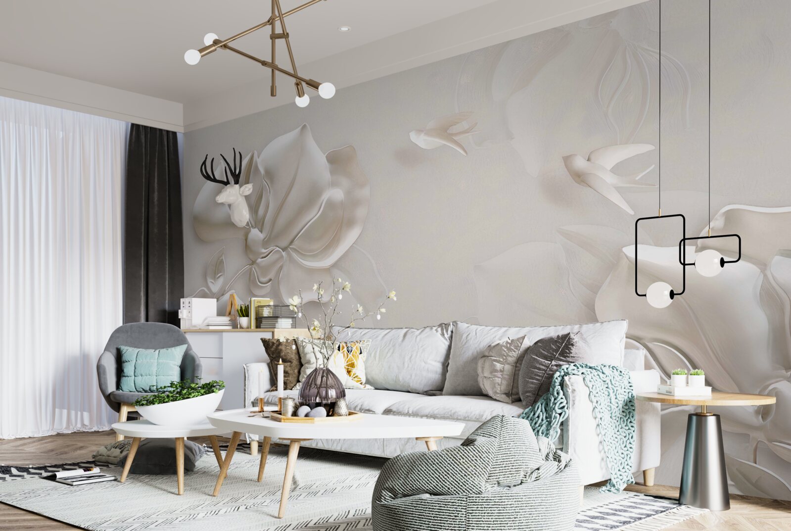 Papier peint oiseaux et fleurs en tissu blanc