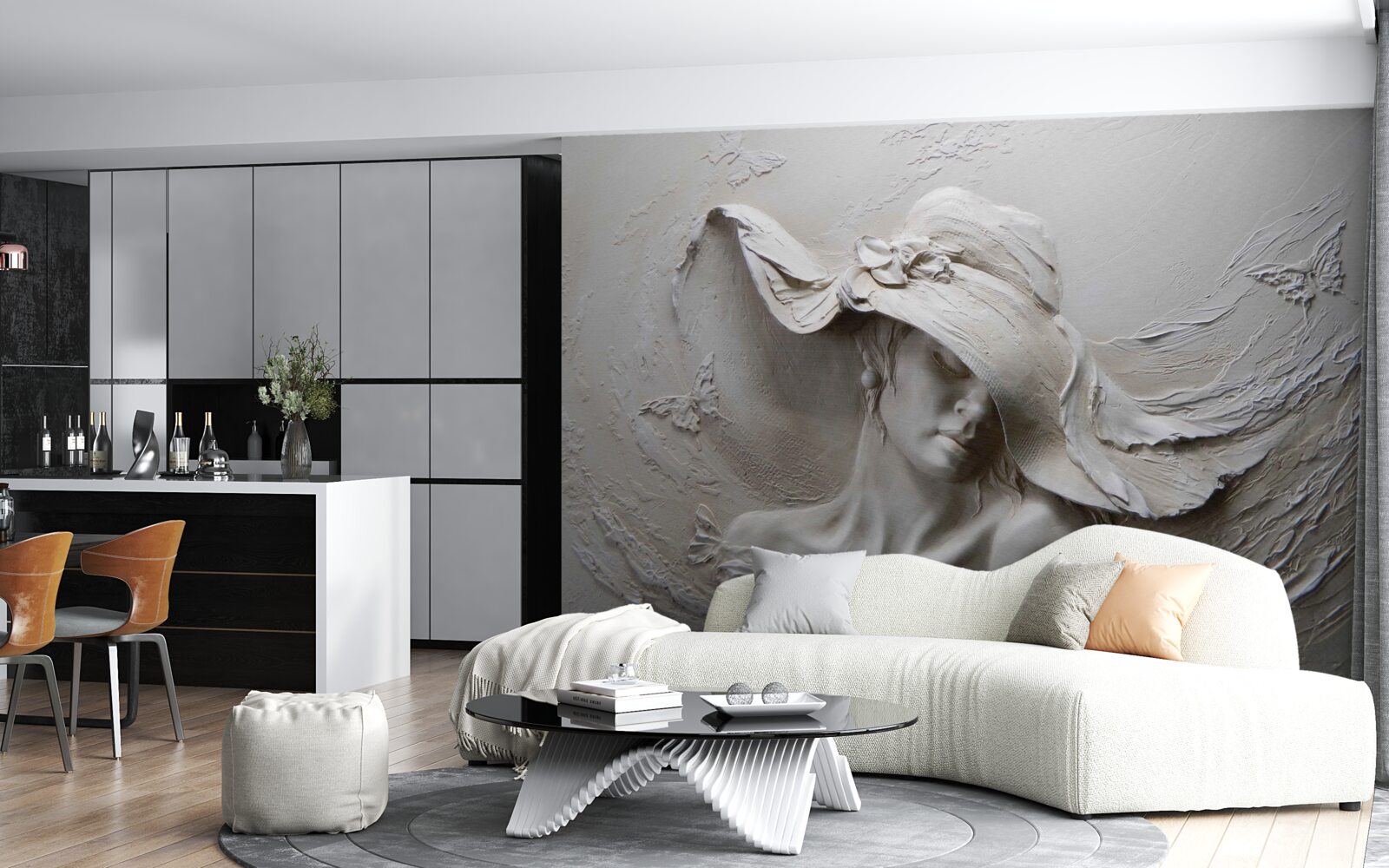 Papier peint sur le mur, une image sculptée d'une fille portant un chapeau