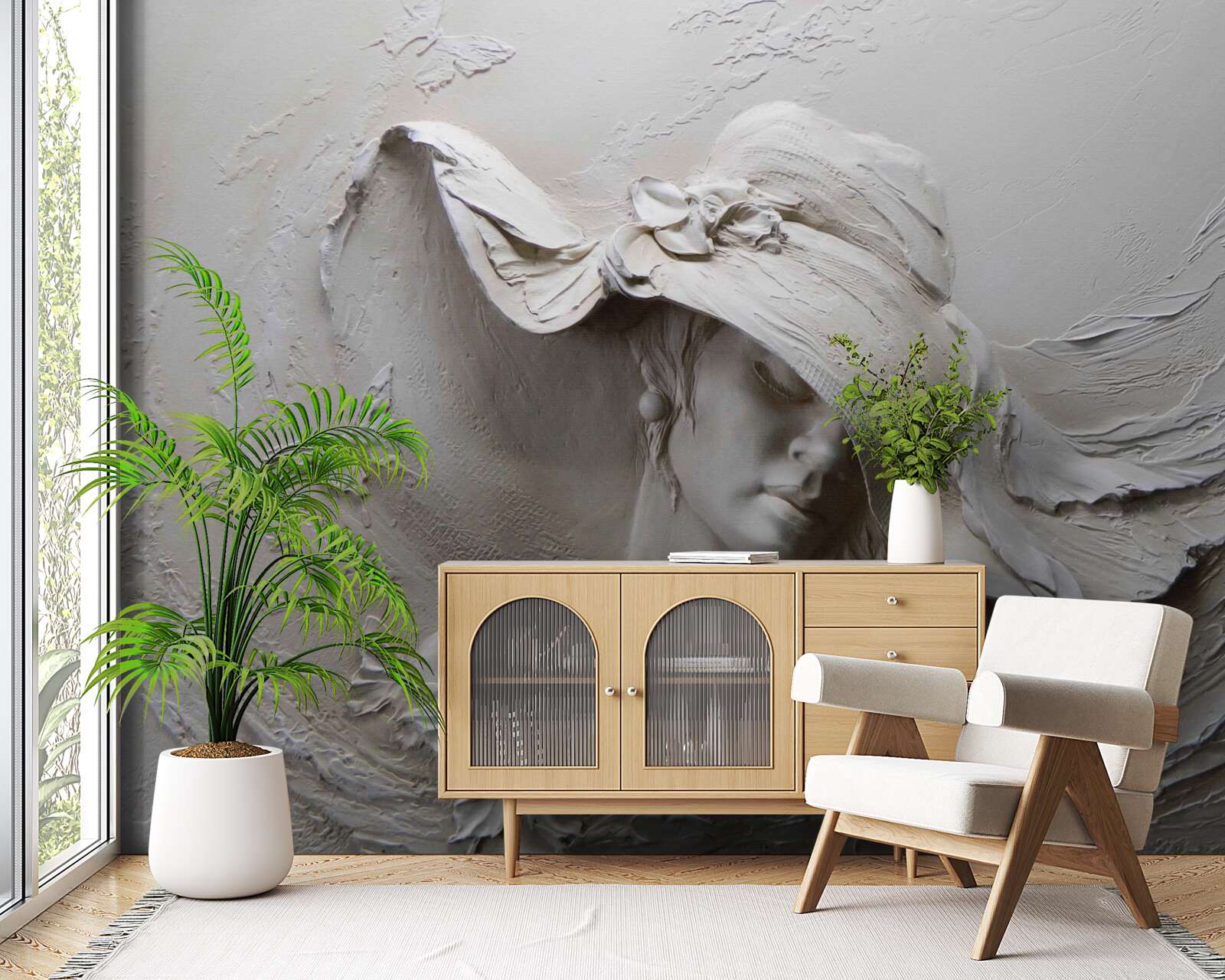 Papier peint sur le mur, une image sculptée d'une fille portant un chapeau