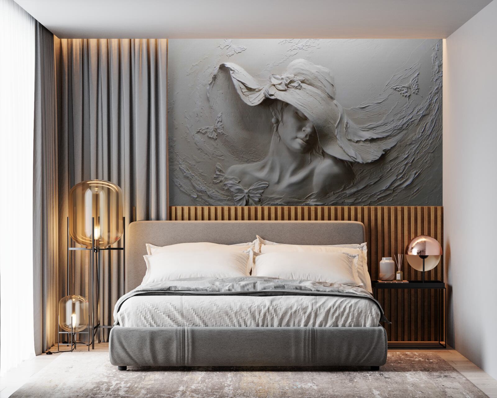 Papier peint sur le mur, une image sculptée d'une fille portant un chapeau