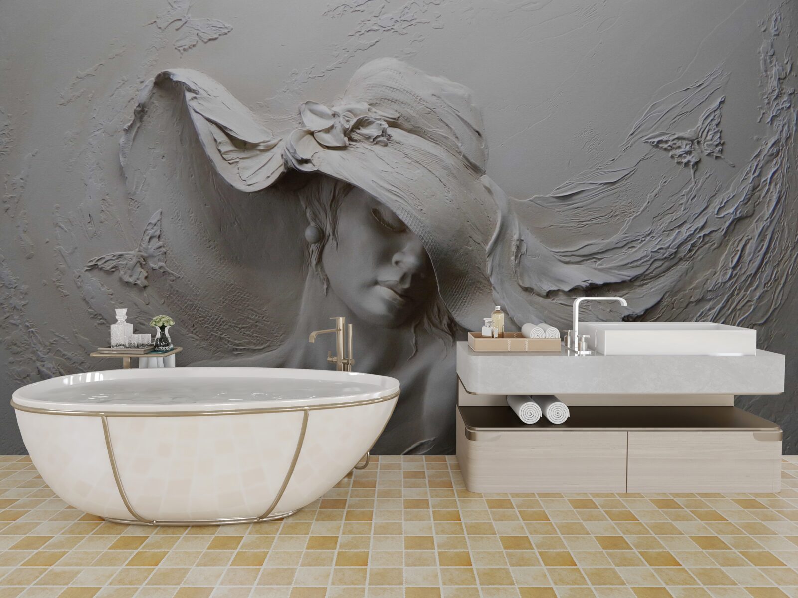 Papier peint sur le mur, une image sculptée d'une fille portant un chapeau