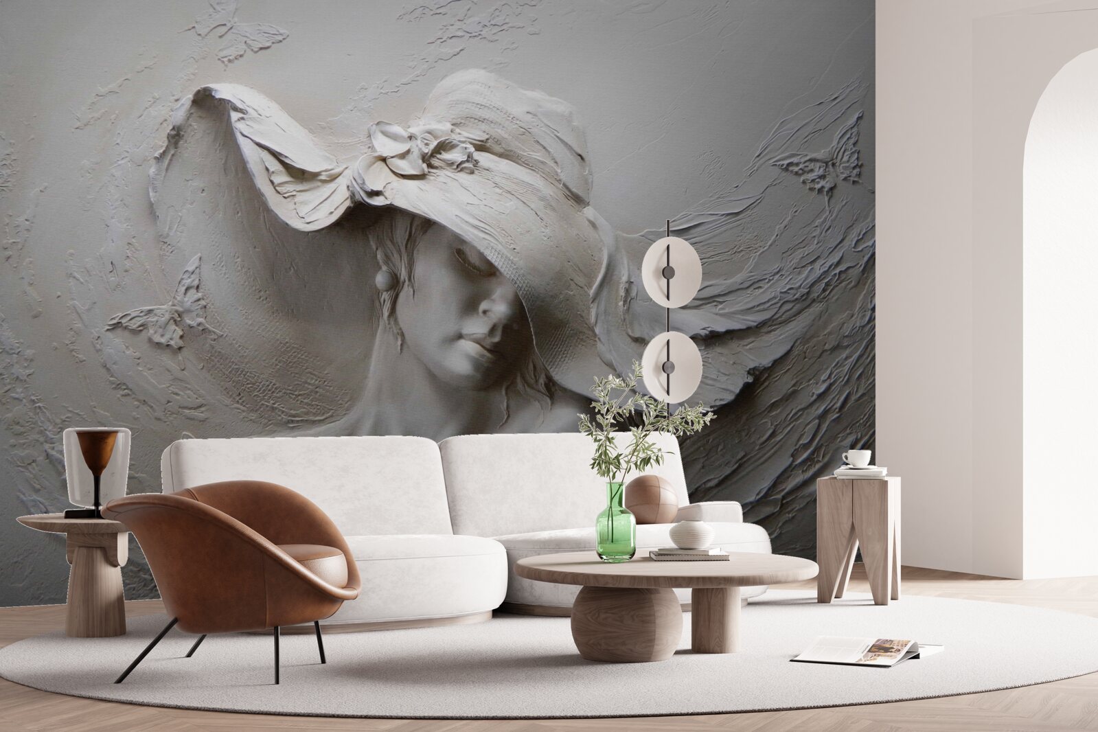 Papier peint sur le mur, une image sculptée d'une fille portant un chapeau