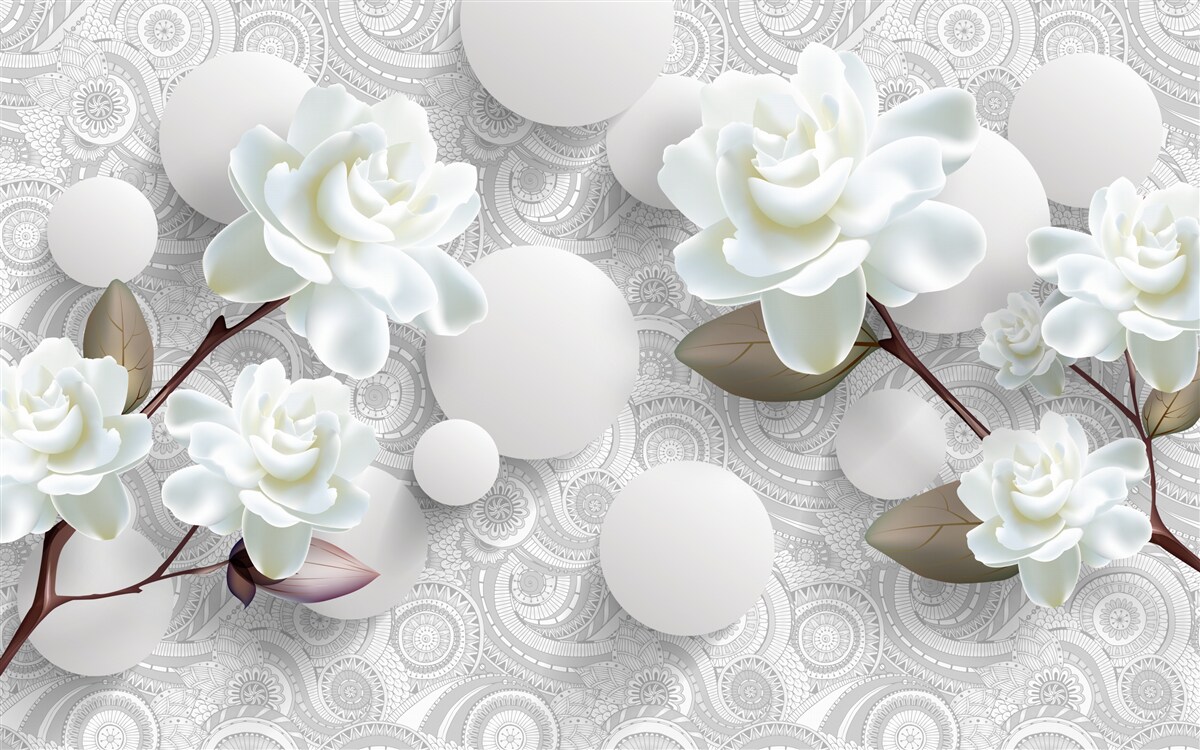 Papier peint cercles et roses blanches