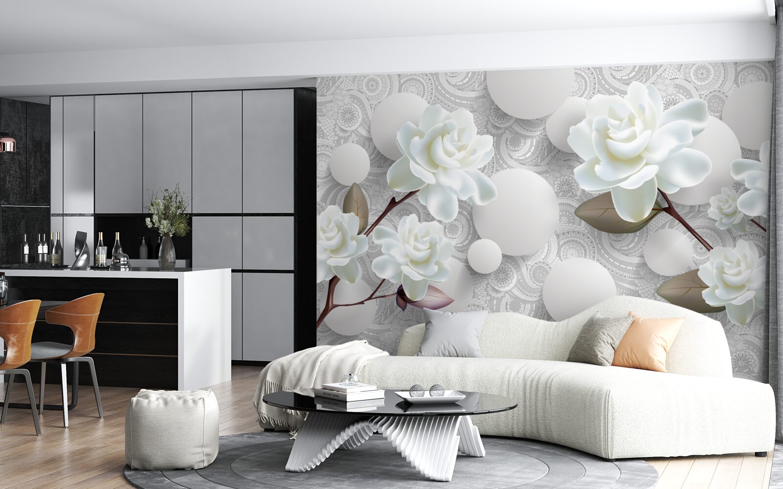 Papier peint cercles et roses blanches