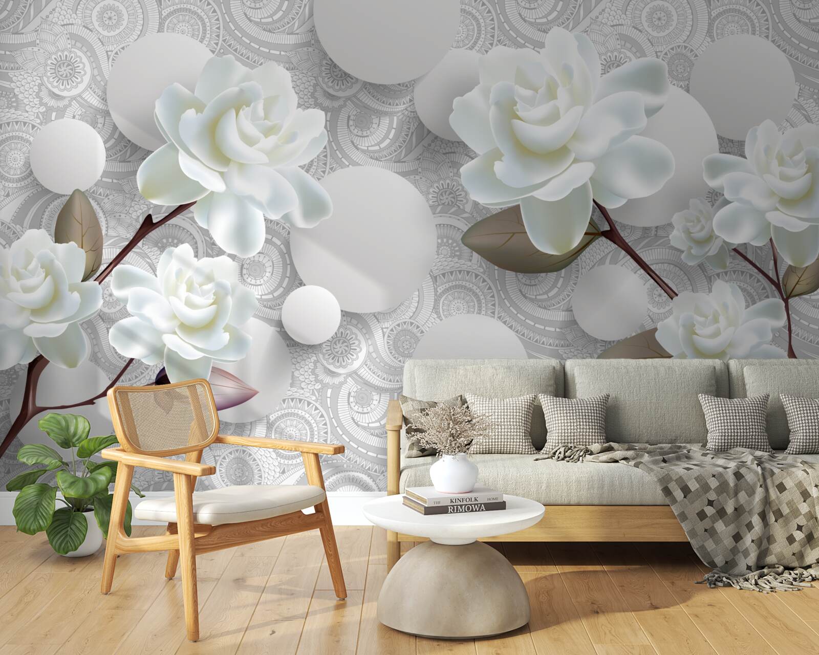 Papier peint cercles et roses blanches