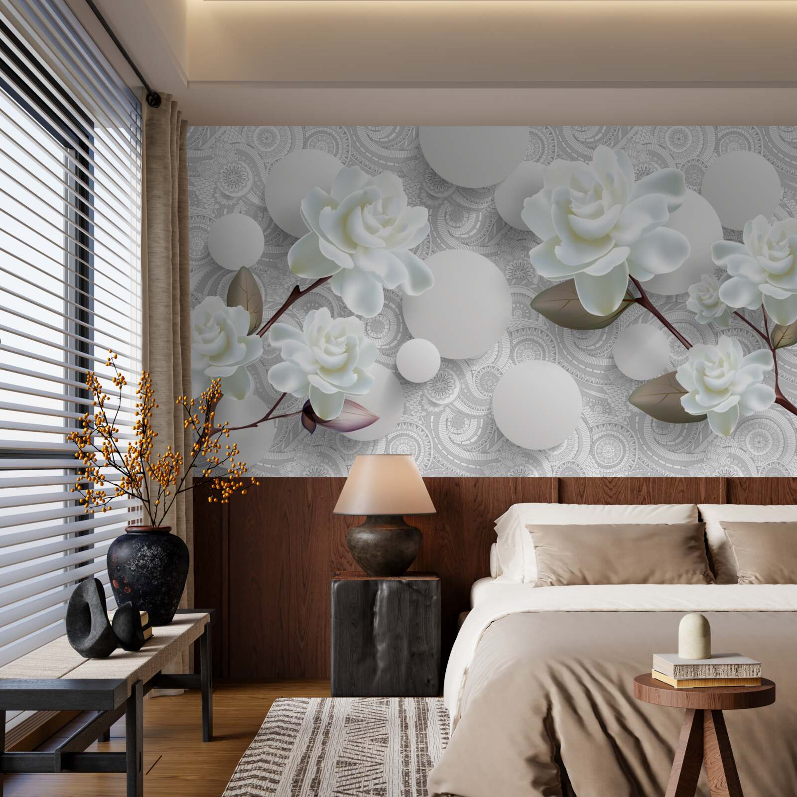 Papier peint cercles et roses blanches