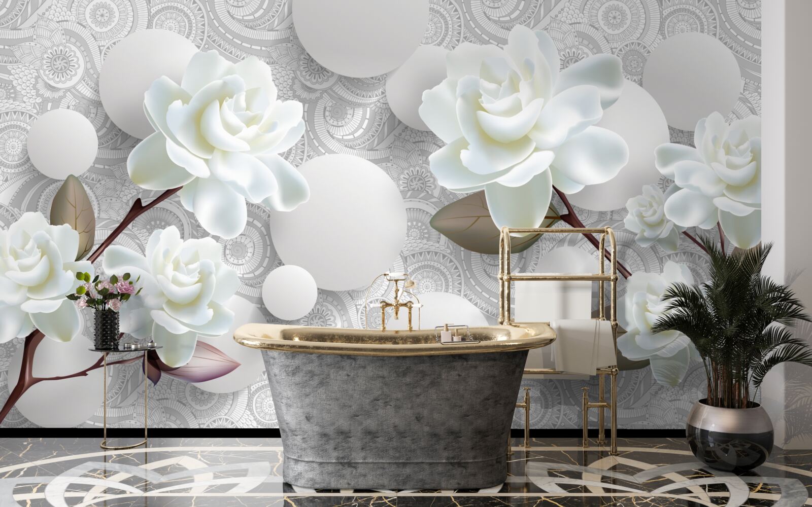 Papier peint cercles et roses blanches