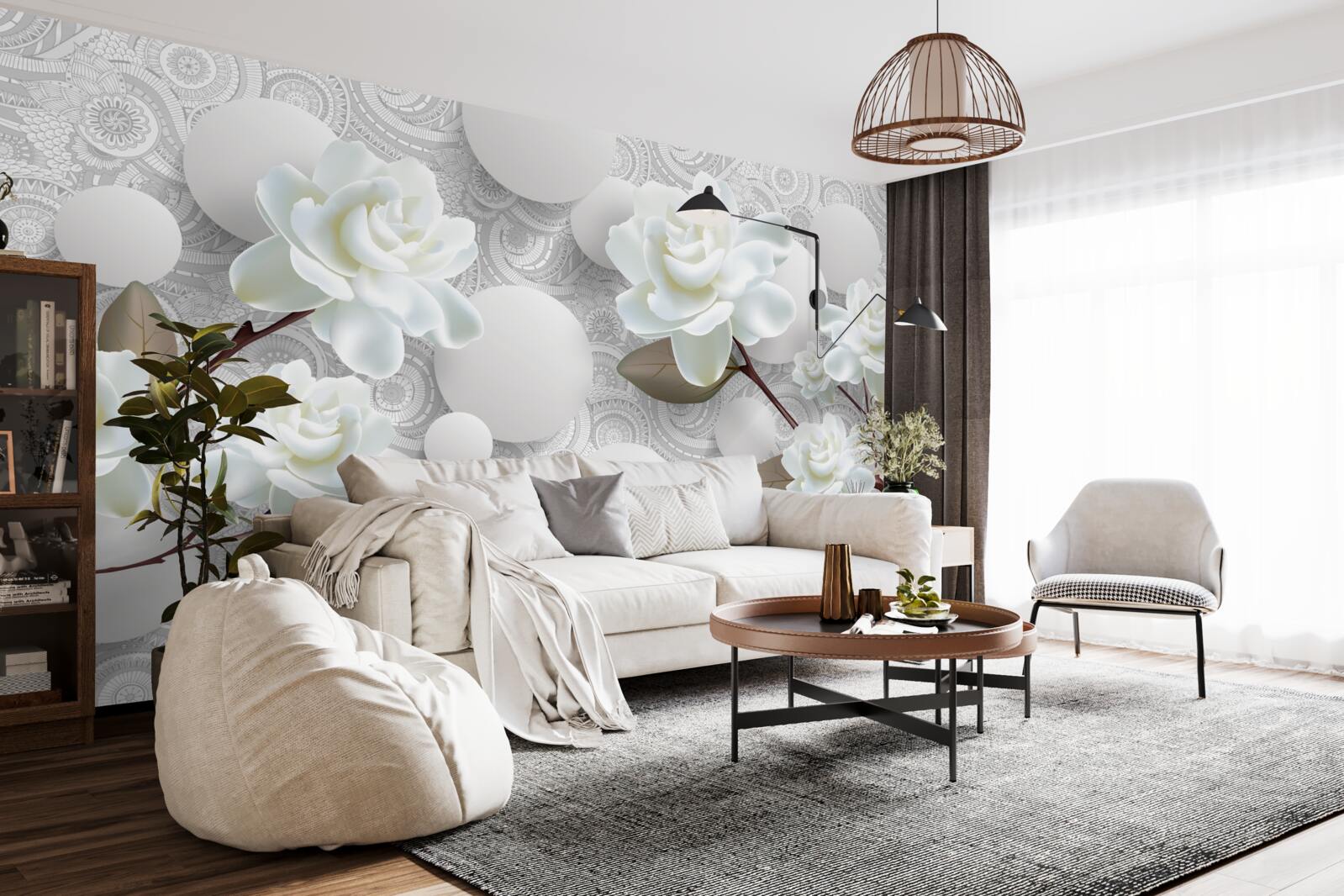 Papier peint cercles et roses blanches