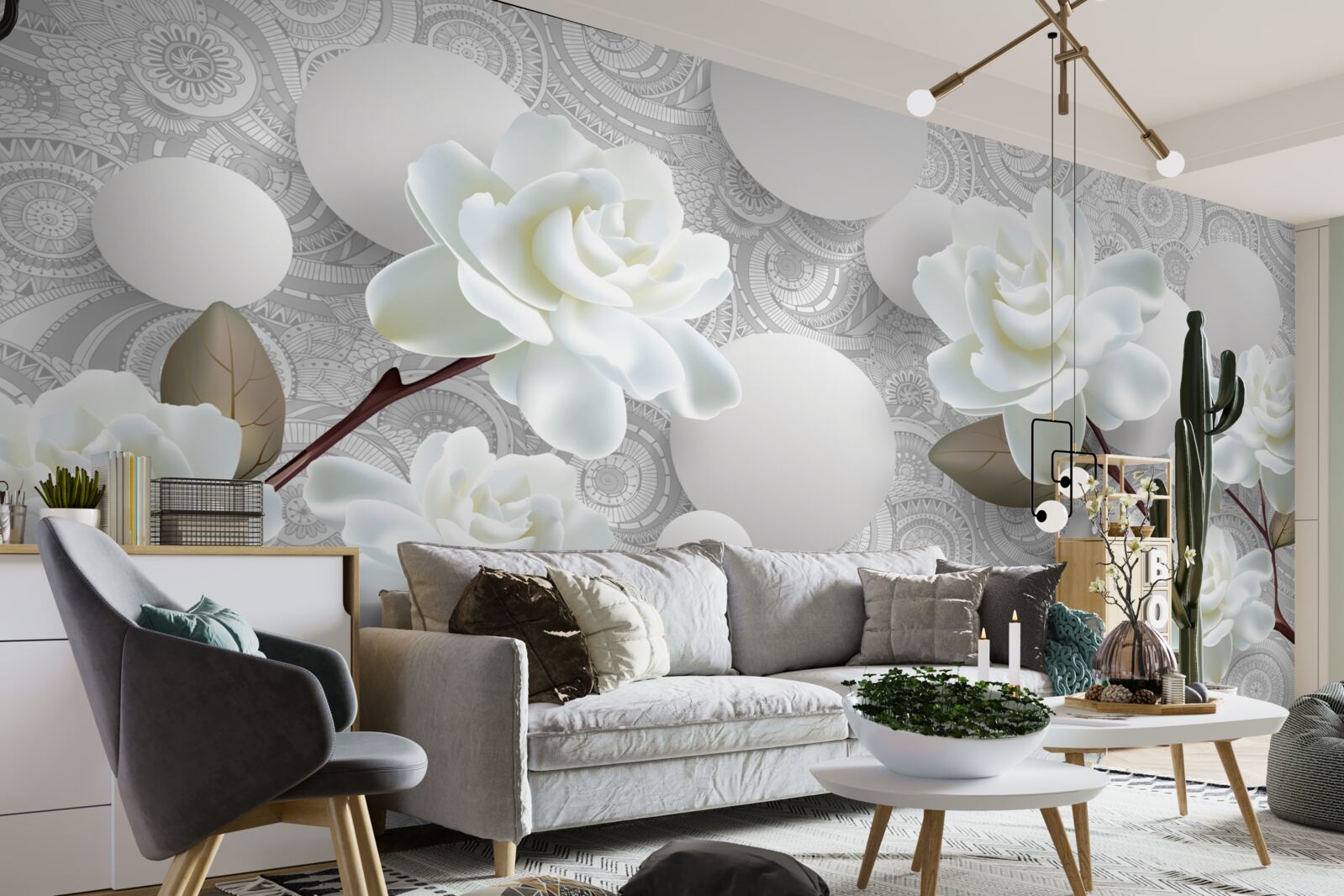 Papier peint cercles et roses blanches