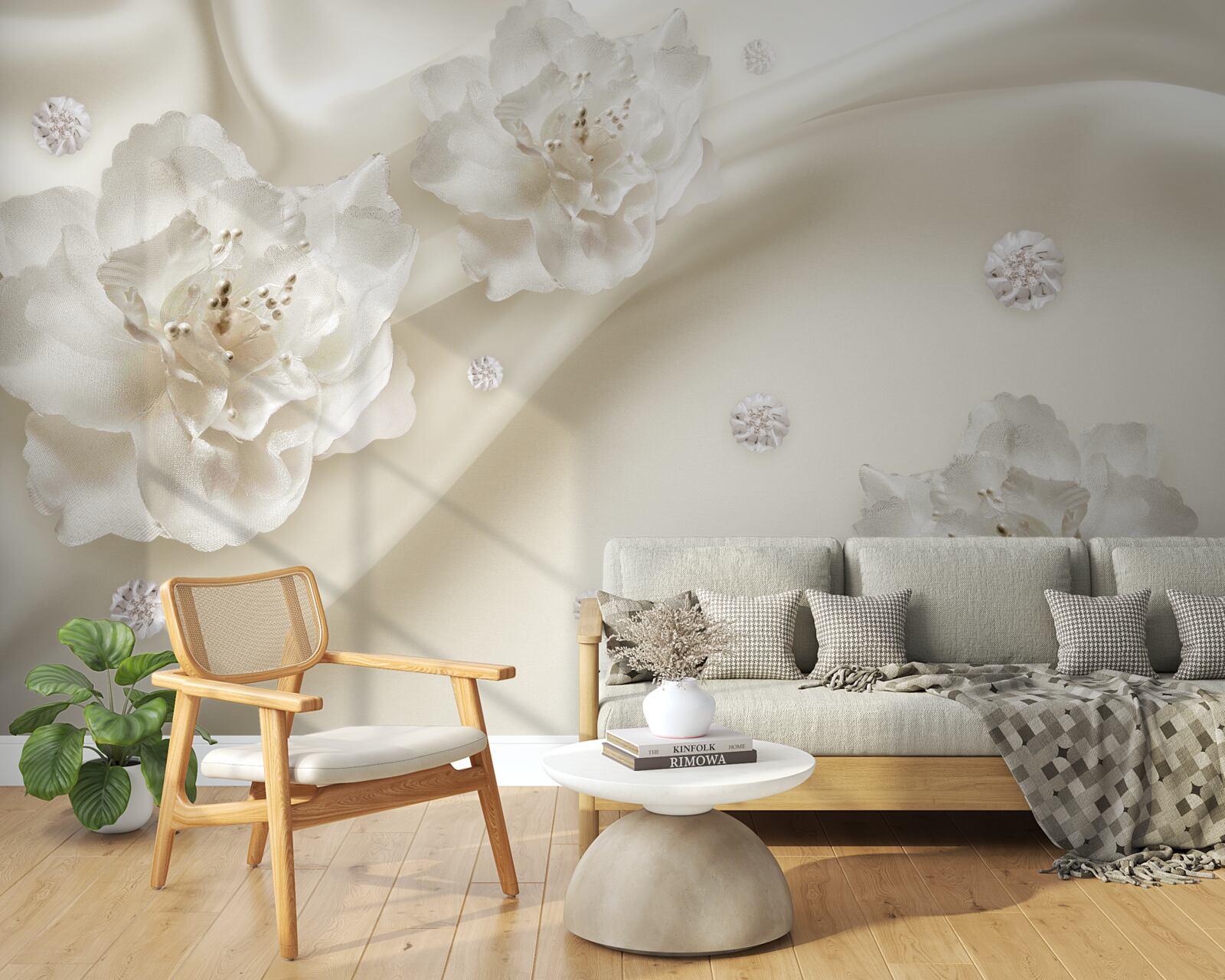 Papier peint délicates roses blanches sur le tissu