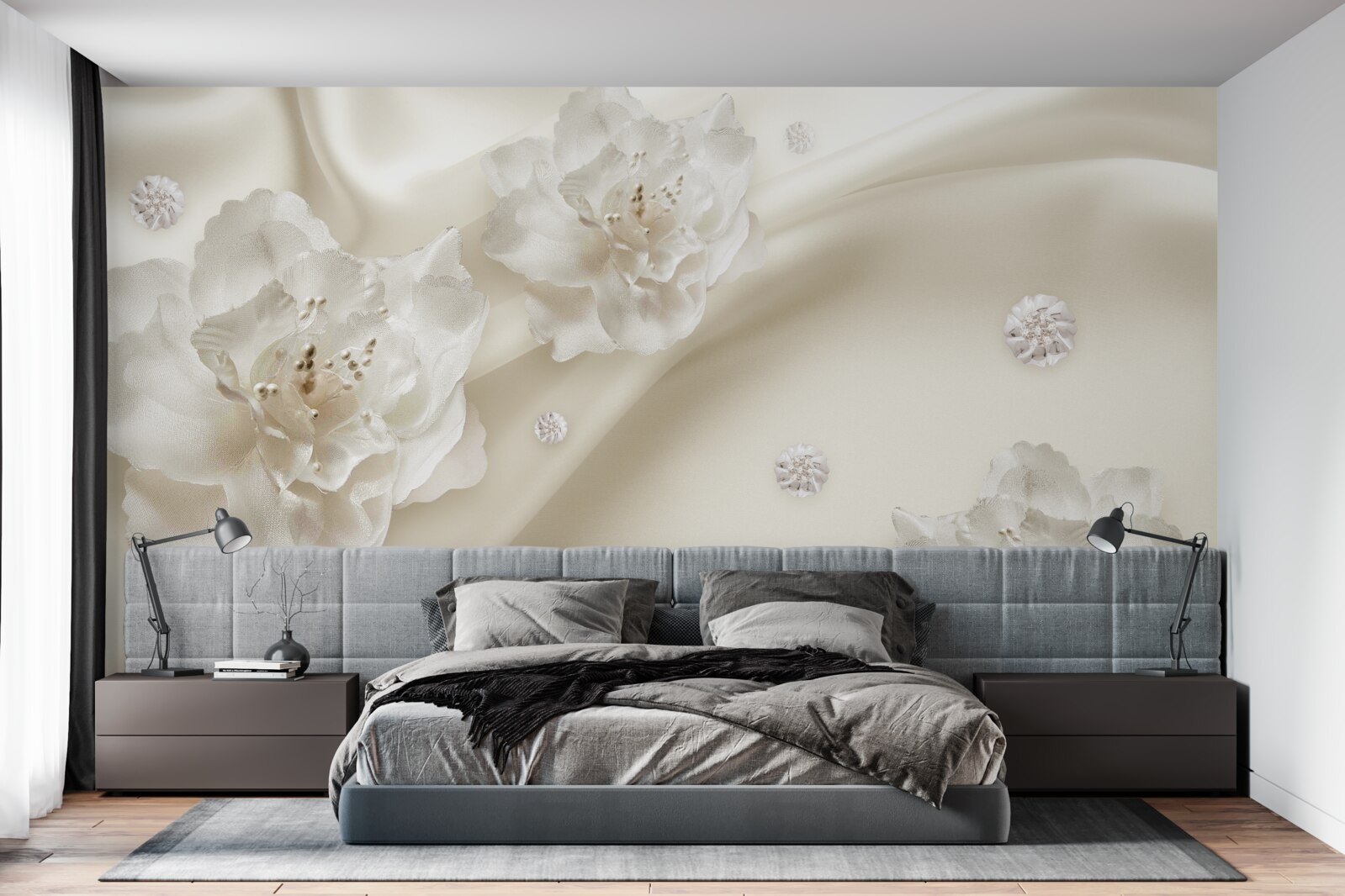 Papier peint délicates roses blanches sur le tissu