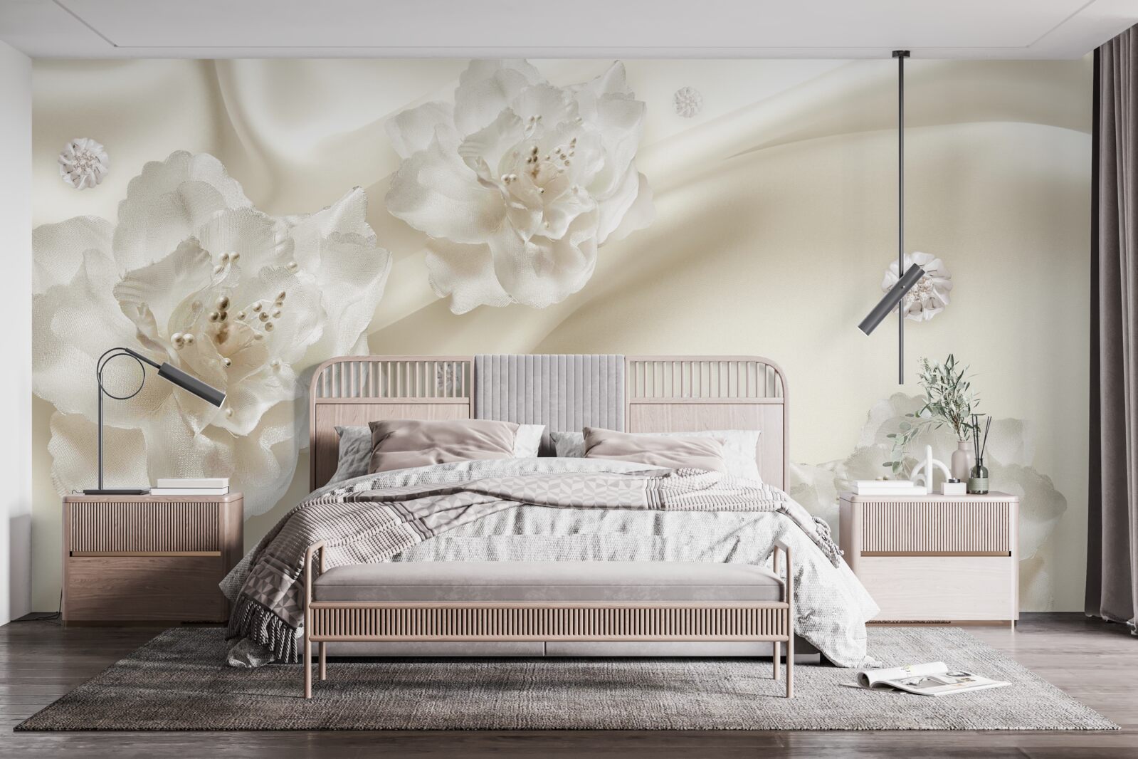 Papier peint délicates roses blanches sur le tissu