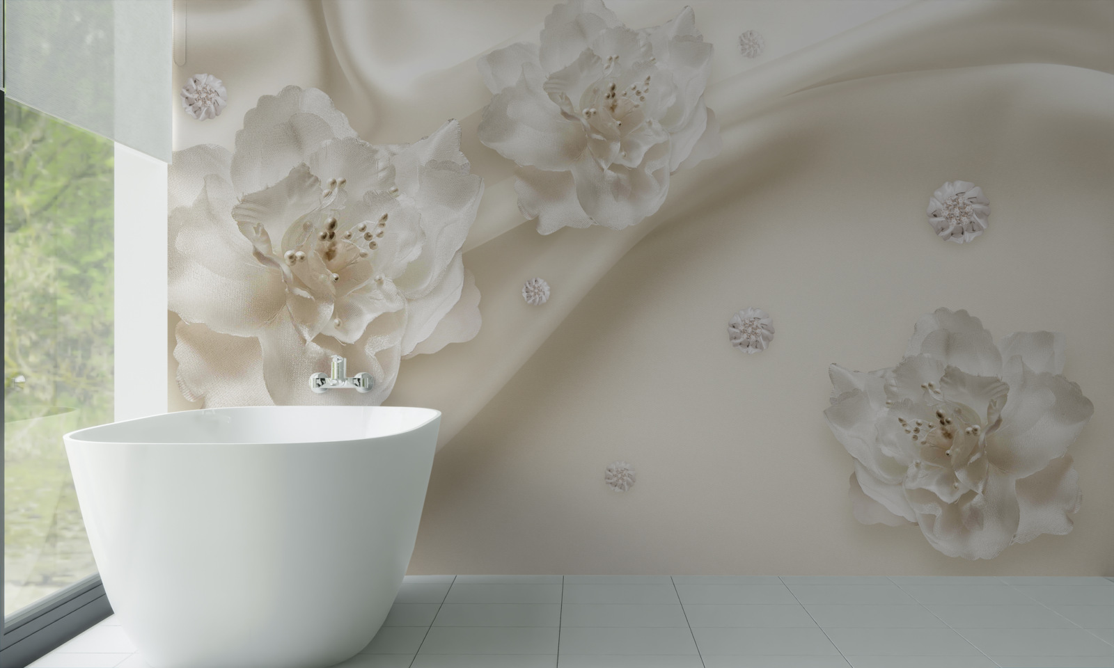 Papier peint délicates roses blanches sur le tissu