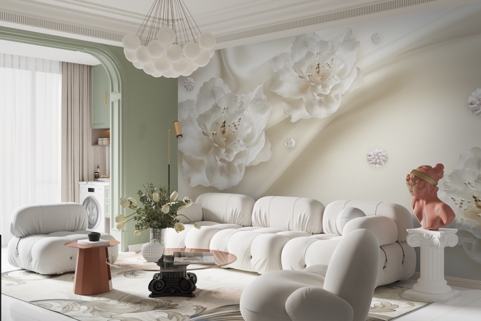 Papier peint délicates roses blanches sur le tissu