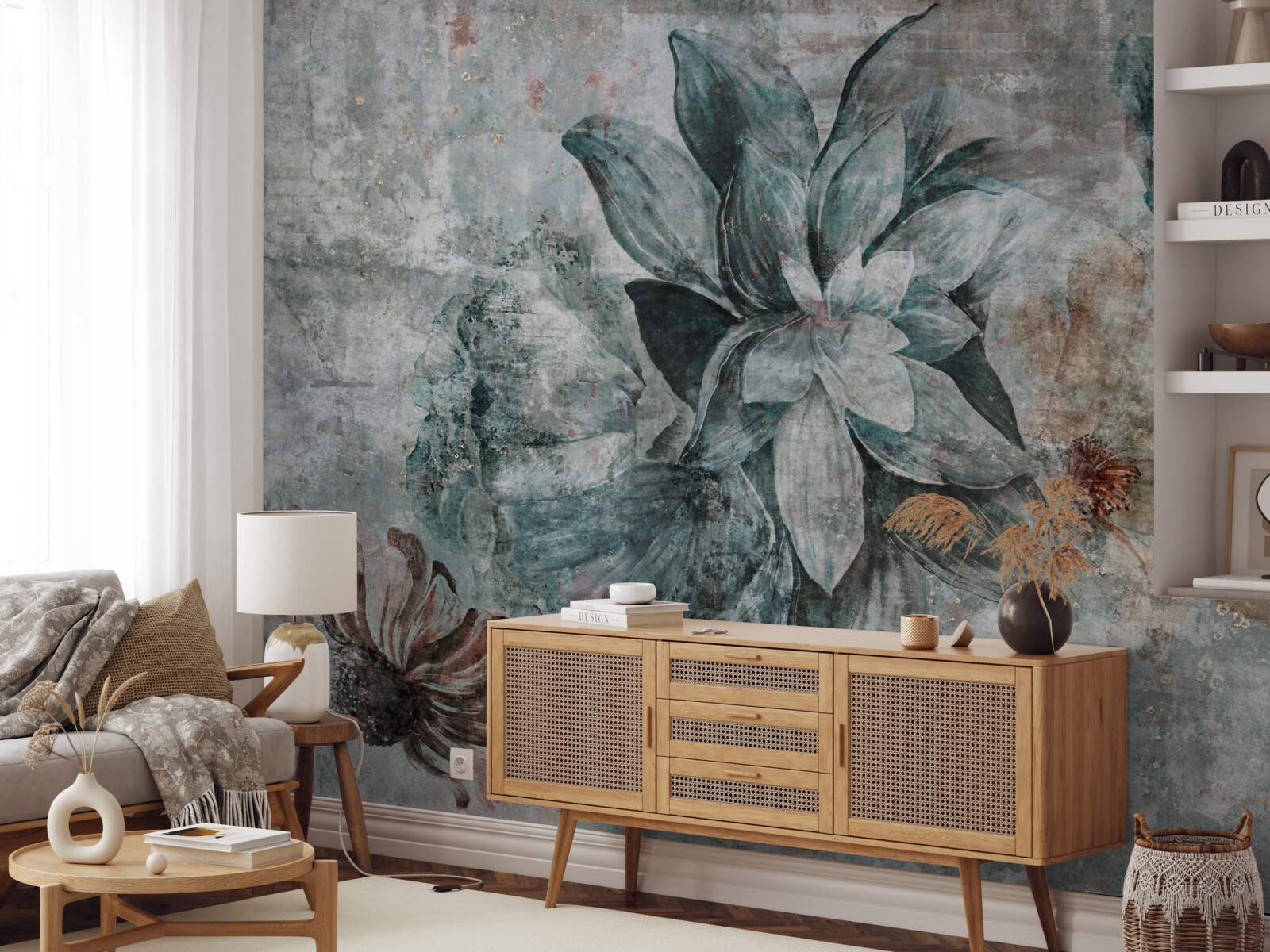 Papier peint plantes à fleurs sur une barrière en béton