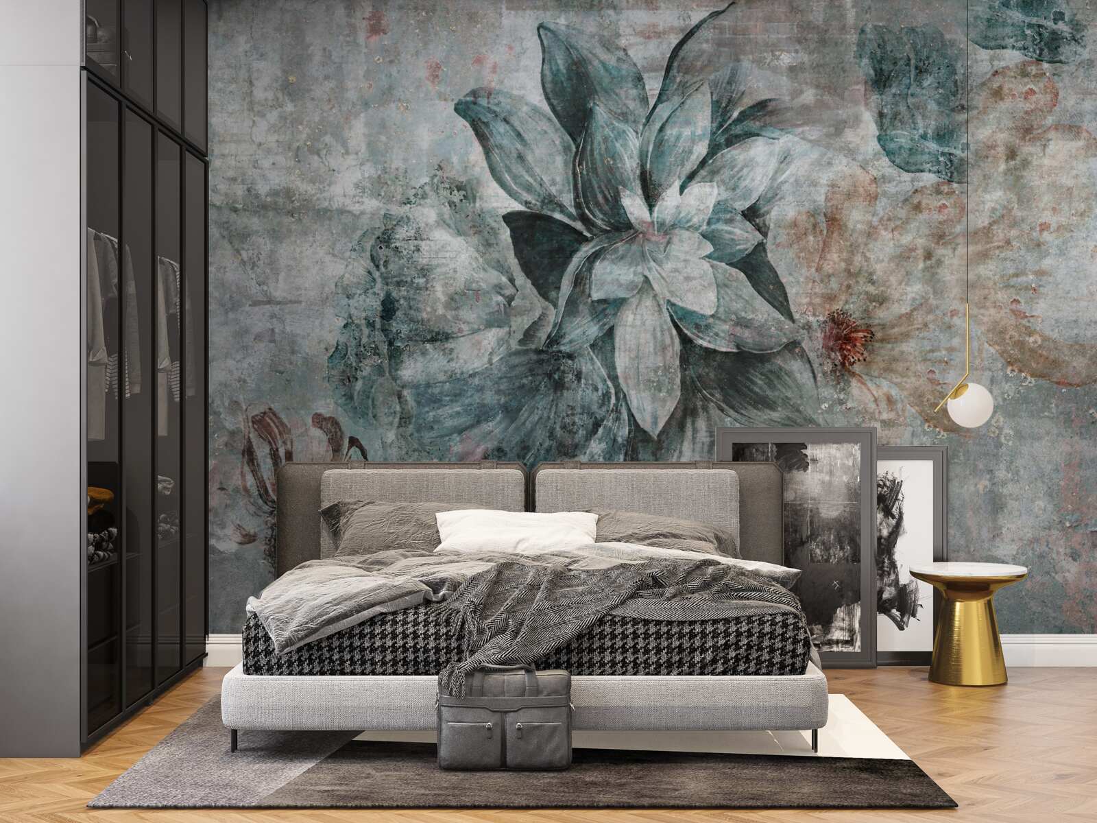 Papier peint plantes à fleurs sur une barrière en béton