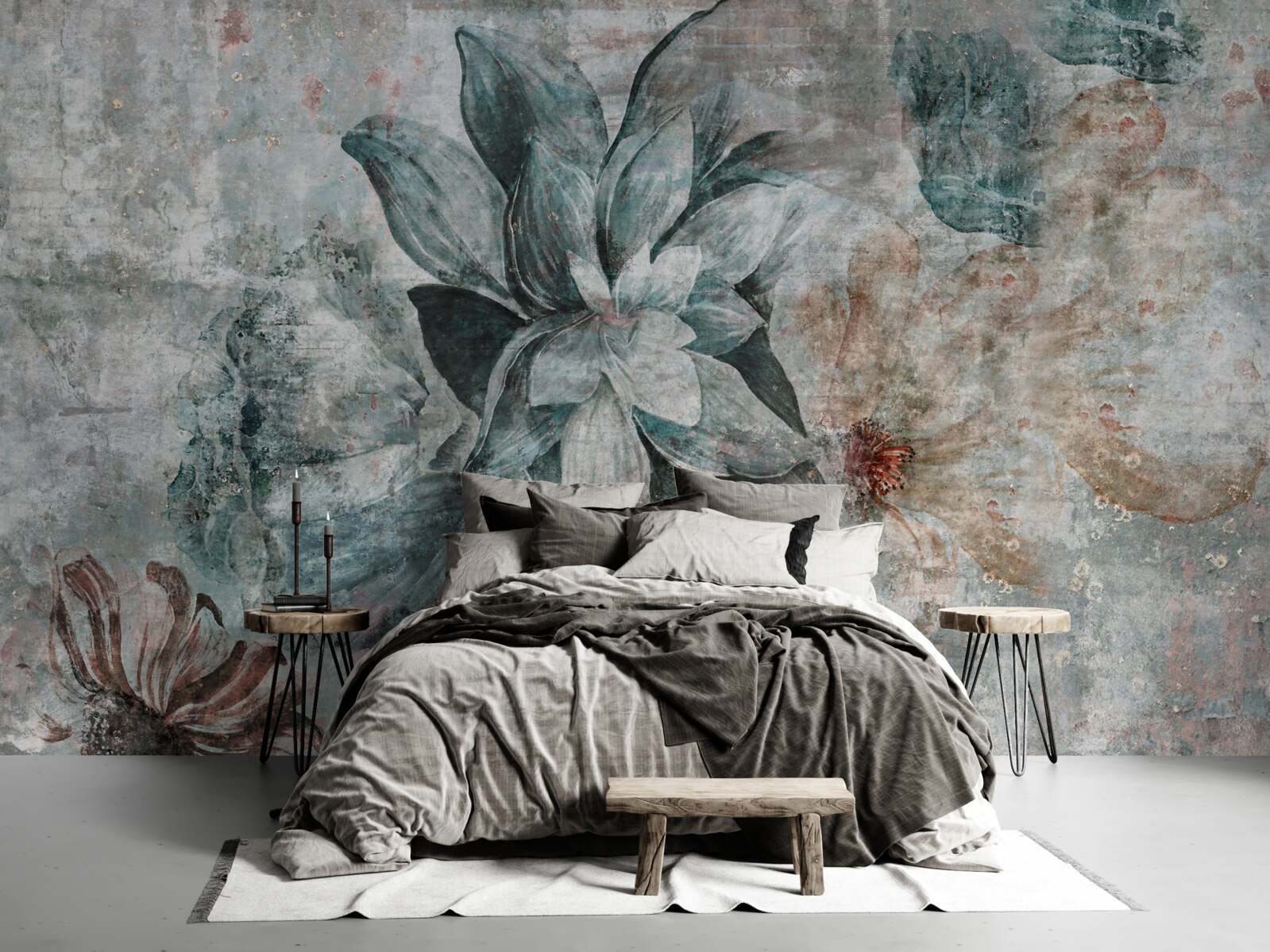 Papier peint plantes à fleurs sur une barrière en béton