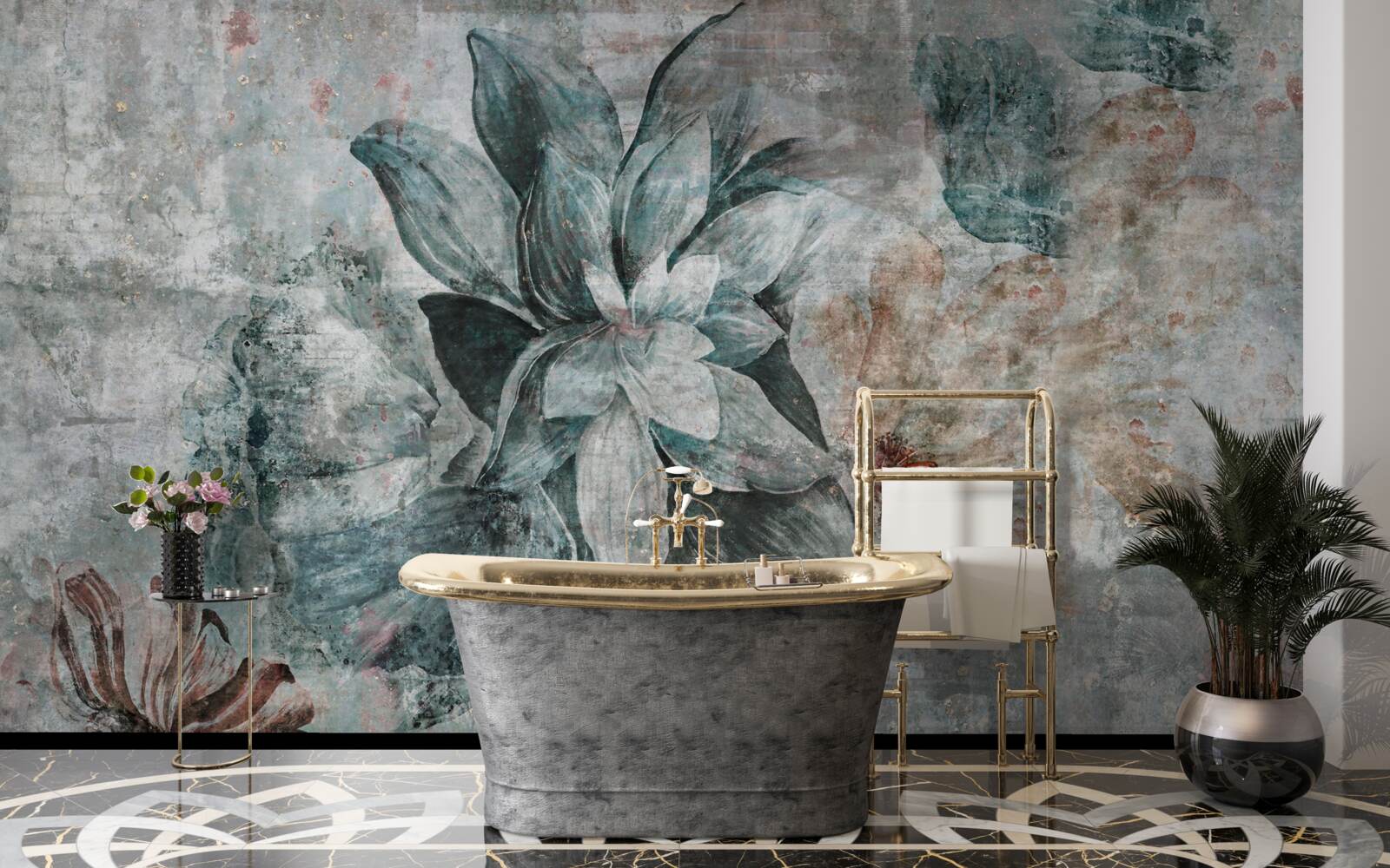 Papier peint plantes à fleurs sur une barrière en béton