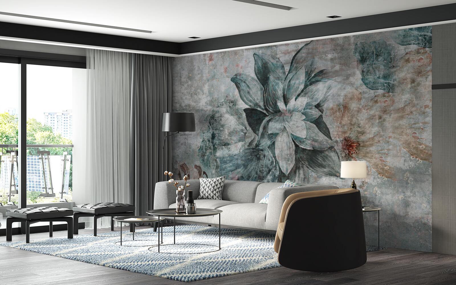 Papier peint plantes à fleurs sur une barrière en béton