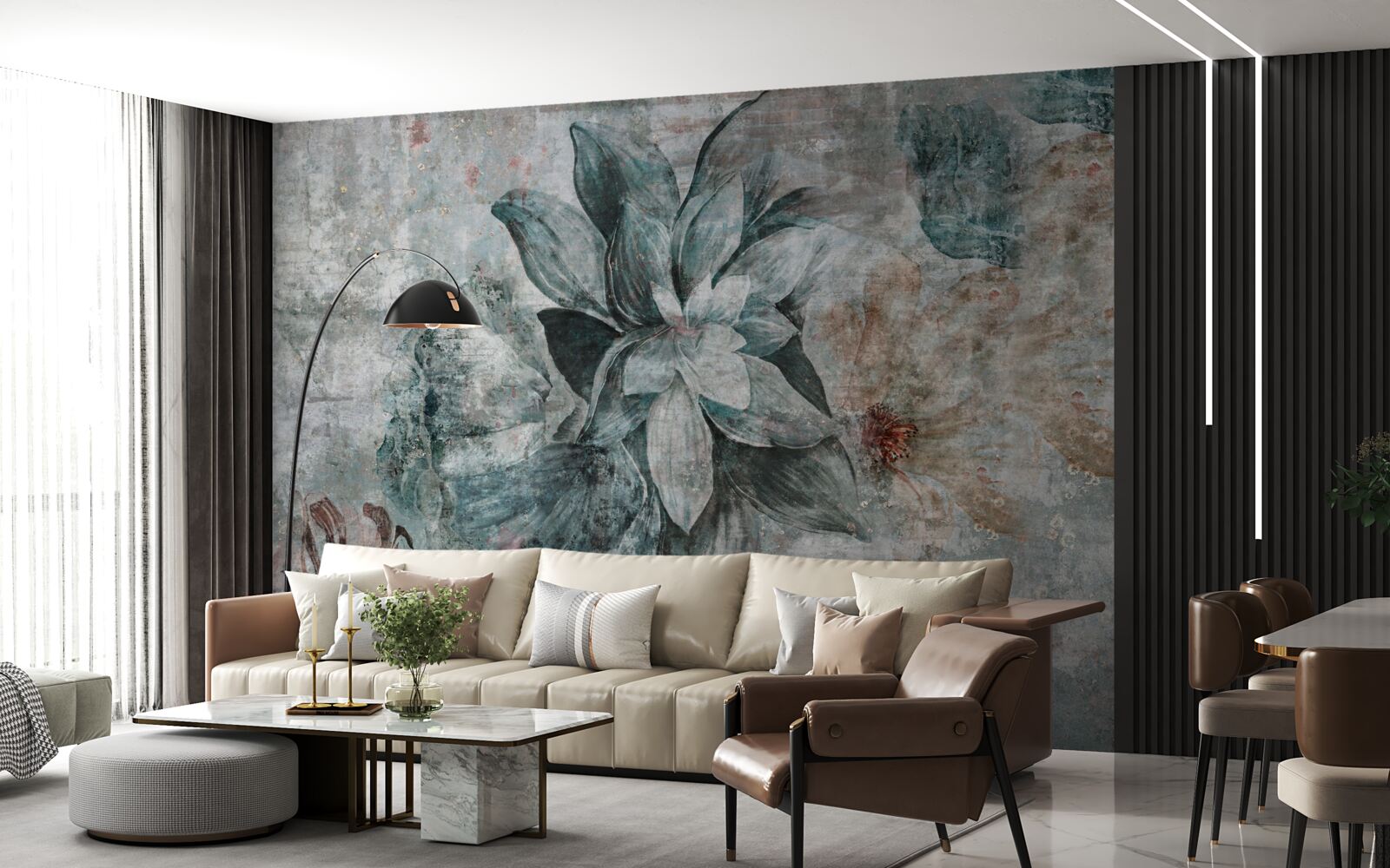 Papier peint plantes à fleurs sur une barrière en béton