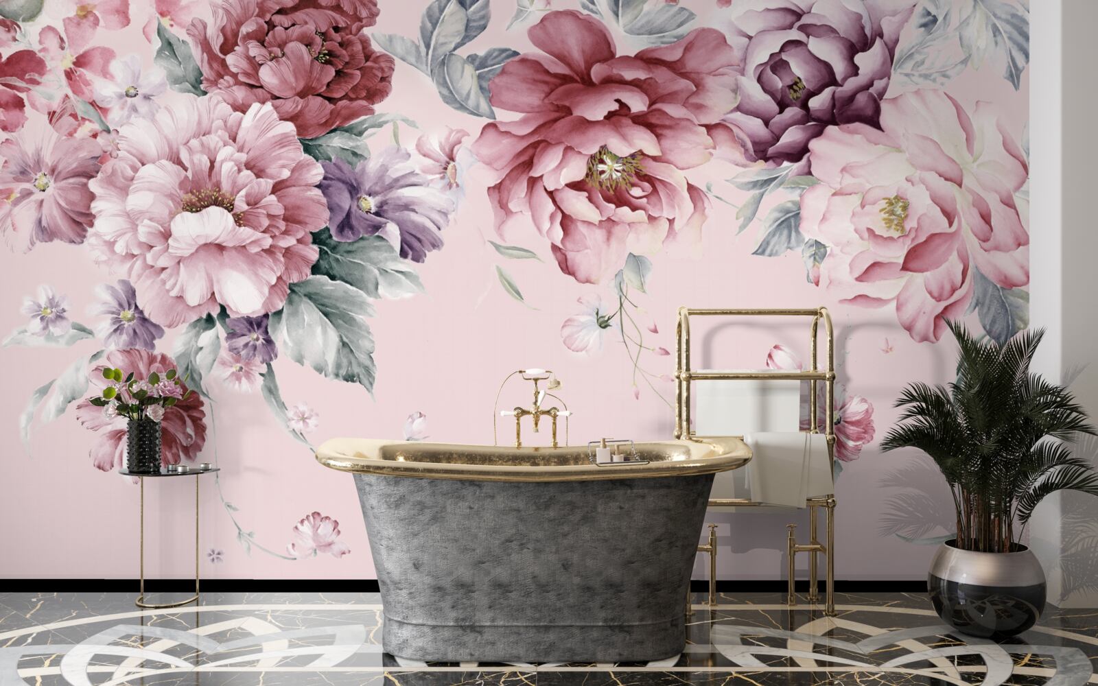 Papier peint diverses fleurs roses