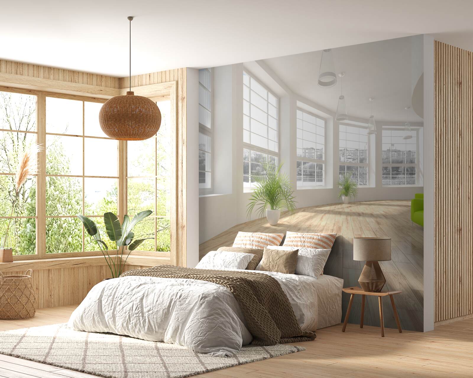 Papier peint couloir blanc avec des fenêtres allant du sol au plafond