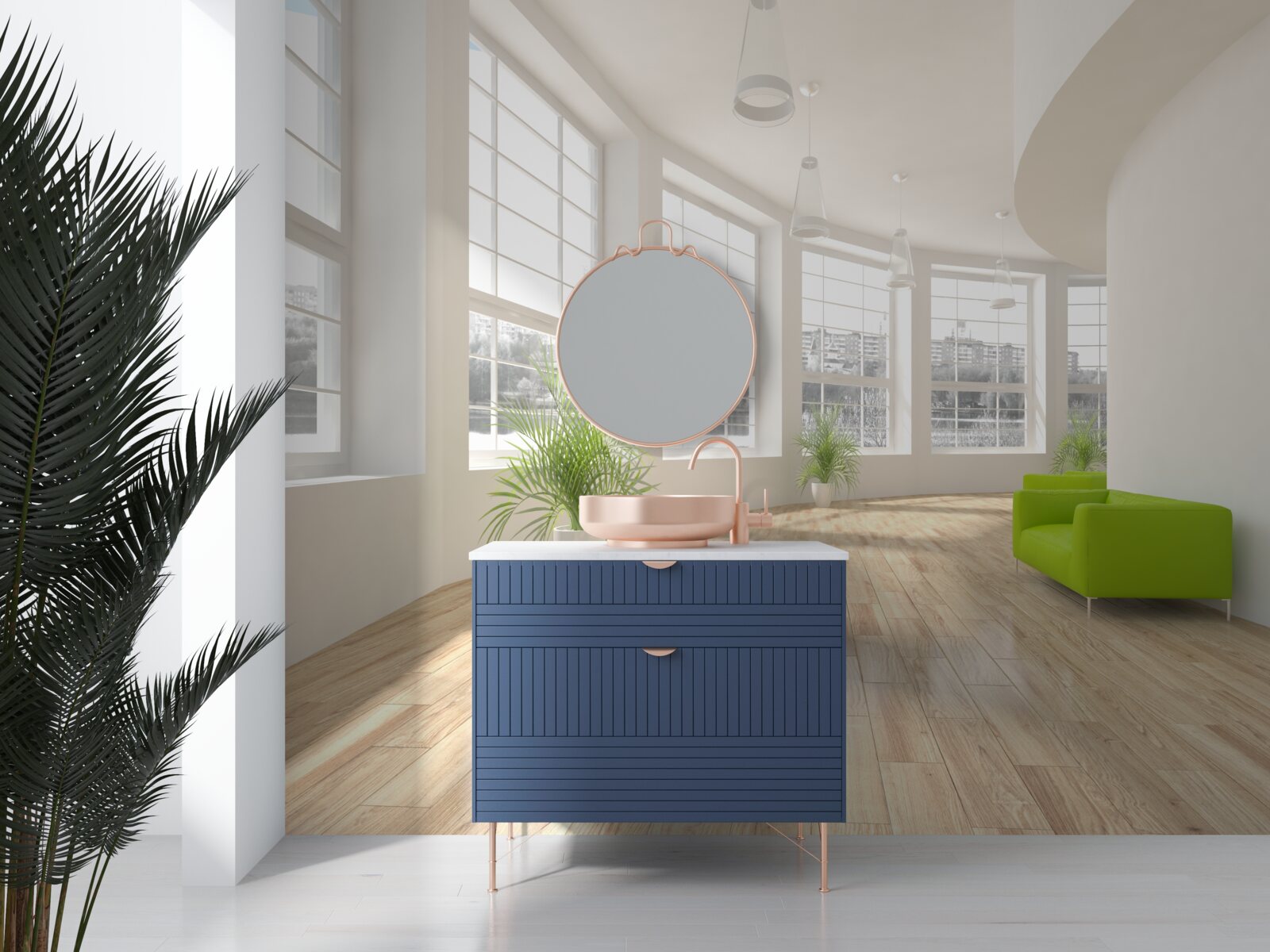 Papier peint couloir blanc avec des fenêtres allant du sol au plafond