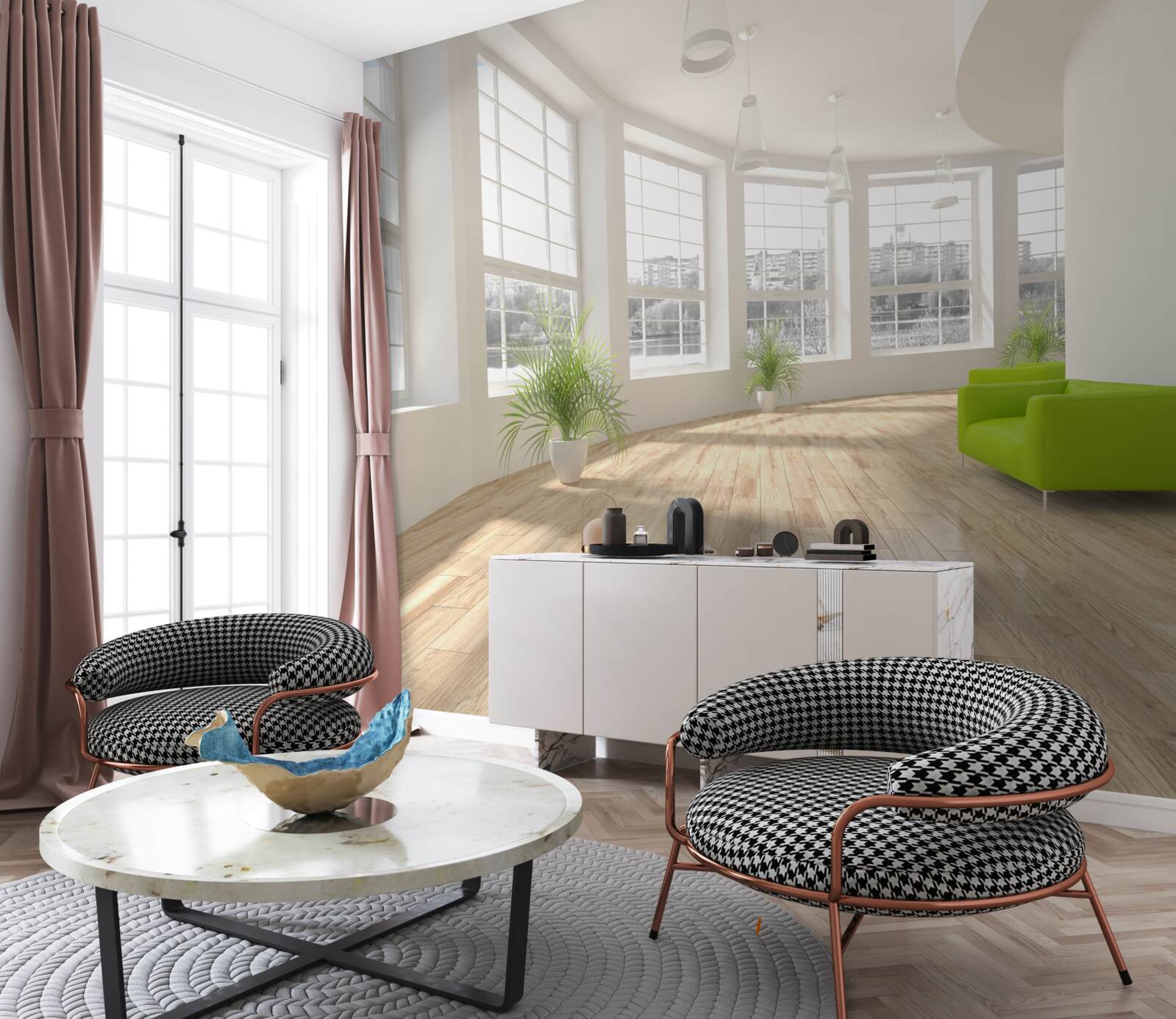 Papier peint couloir blanc avec des fenêtres allant du sol au plafond