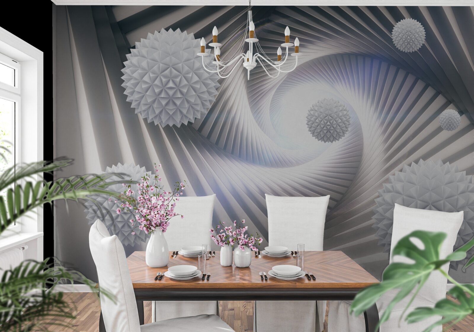 Papier peint boules blanches et spirales abstraites