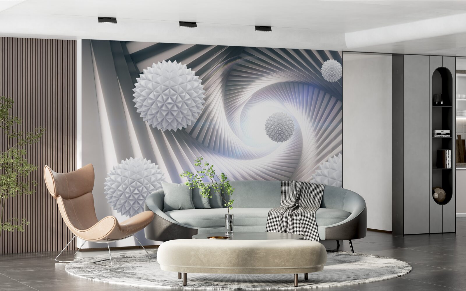 Papier peint boules blanches et spirales abstraites