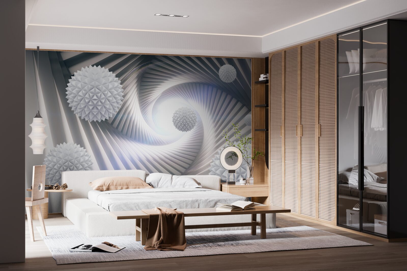 Papier peint boules blanches et spirales abstraites